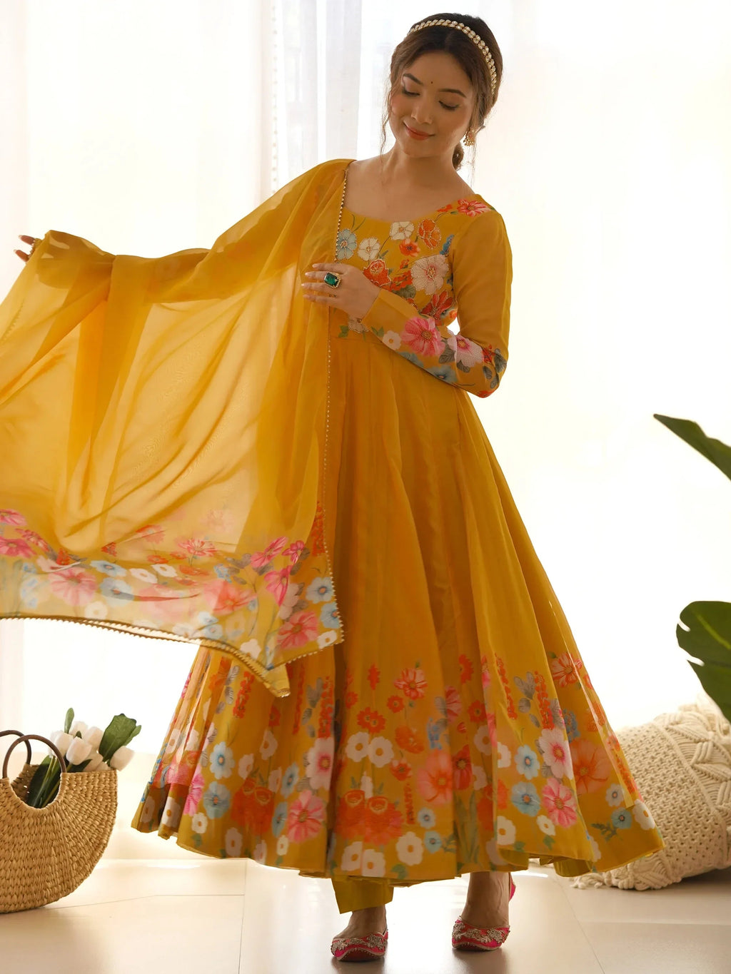 Yellow Incredible Floral Printed Organza Festival Wear Anarkali Suit