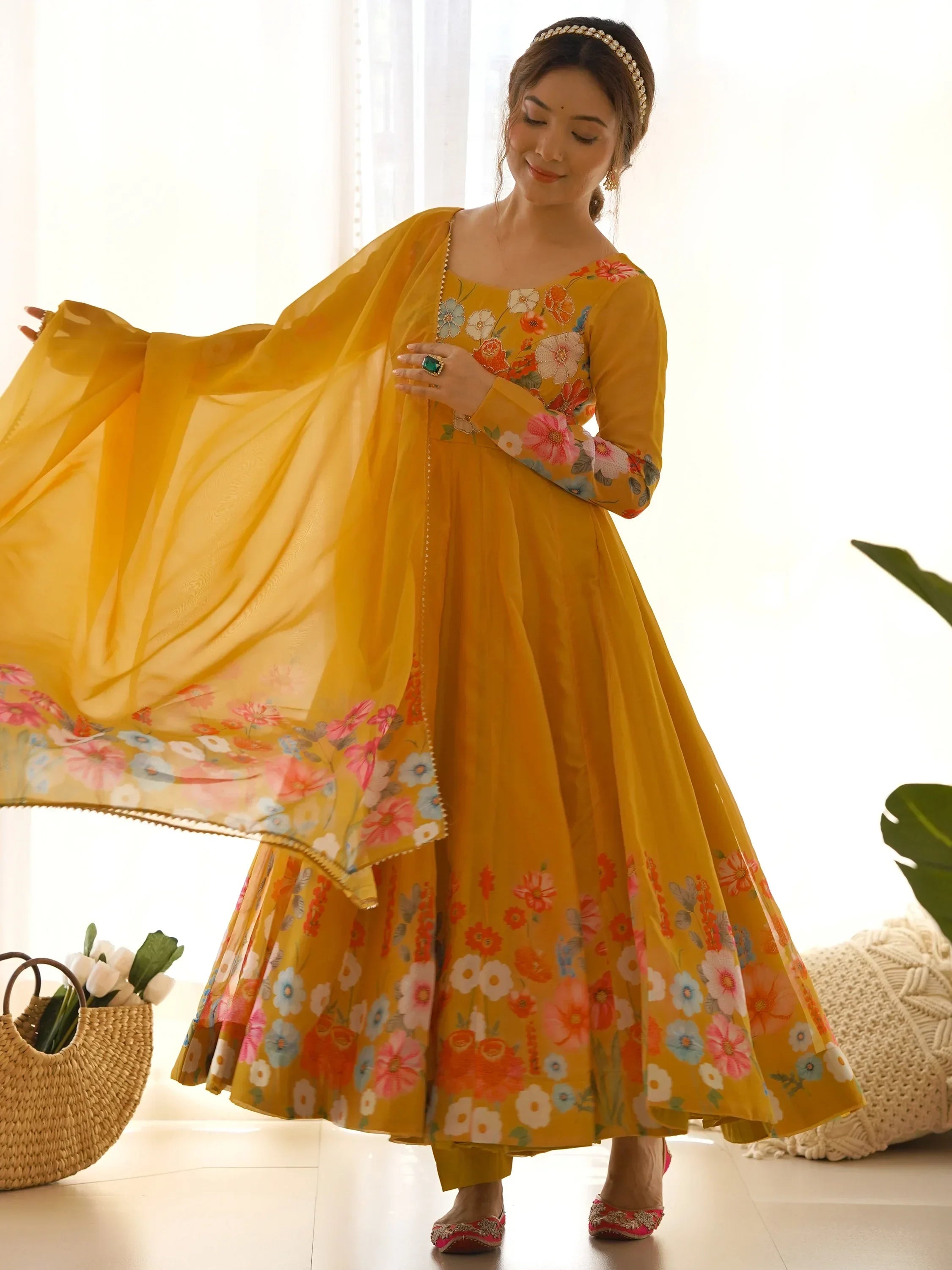 Yellow Incredible Floral Printed Organza Festival Wear Anarkali Suit