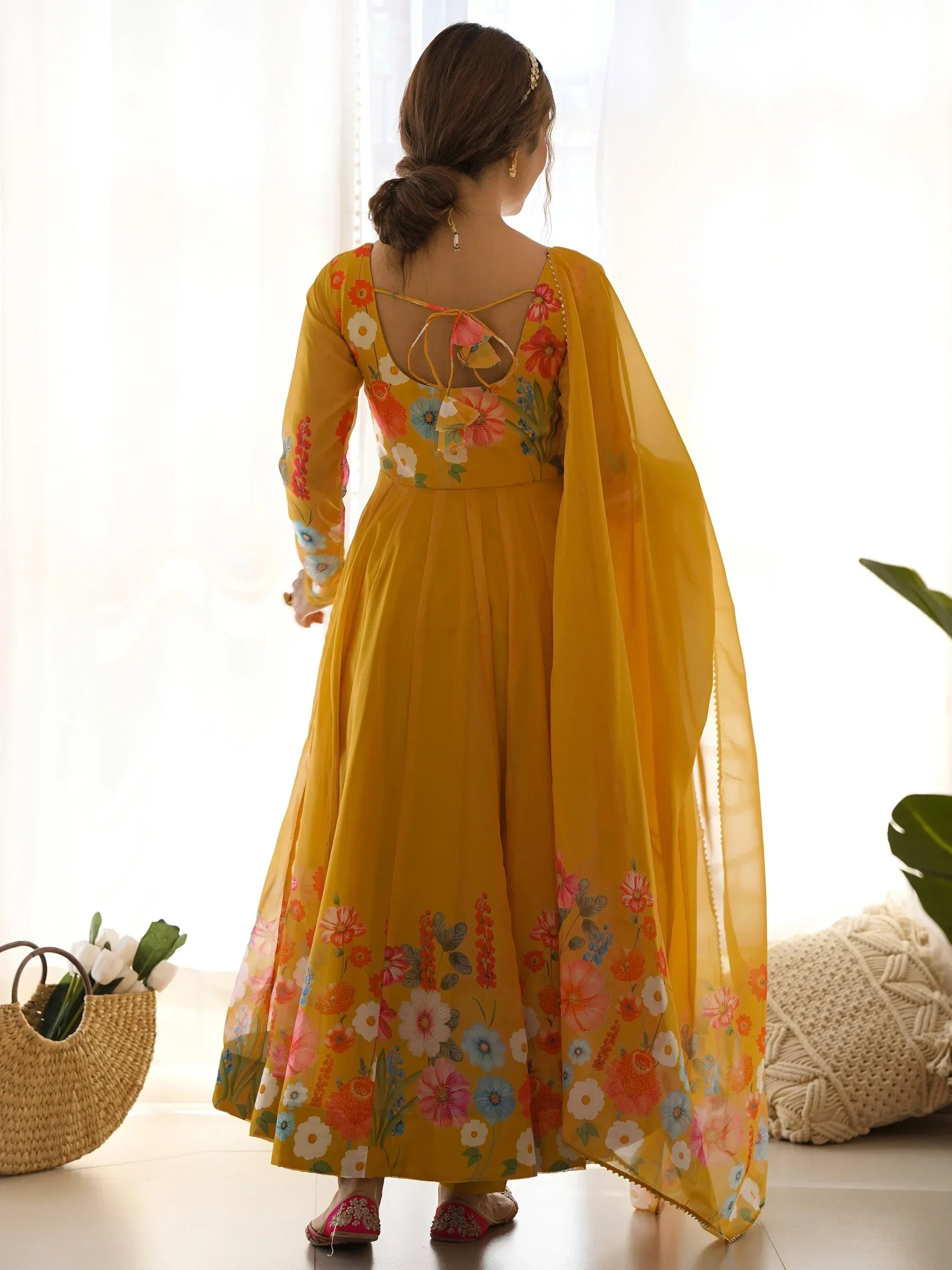 Yellow Incredible Floral Printed Organza Festival Wear Anarkali Suit