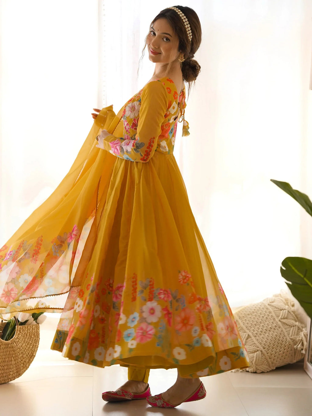 Yellow Incredible Floral Printed Organza Festival Wear Anarkali Suit