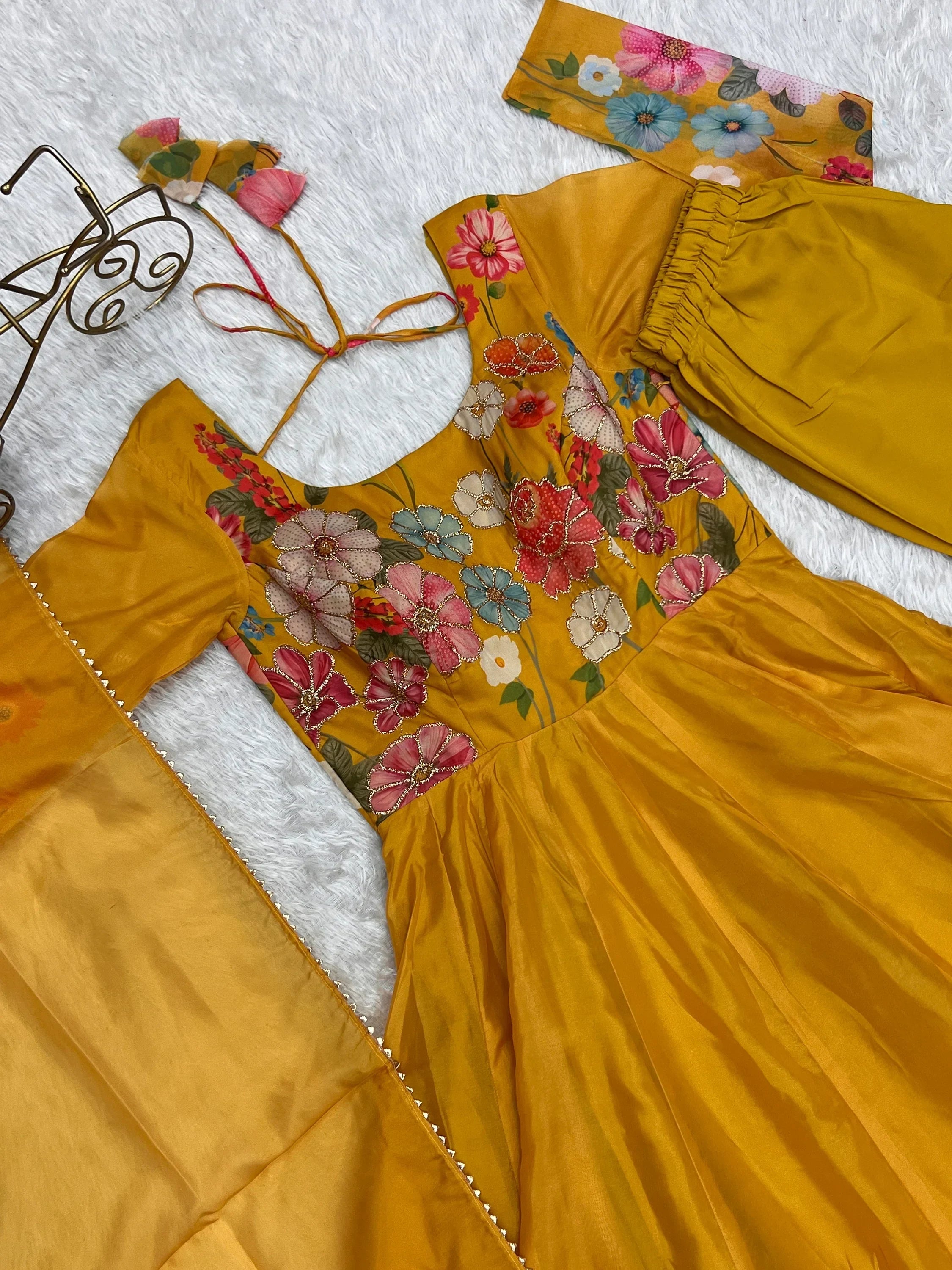 Yellow Incredible Floral Printed Organza Festival Wear Anarkali Suit