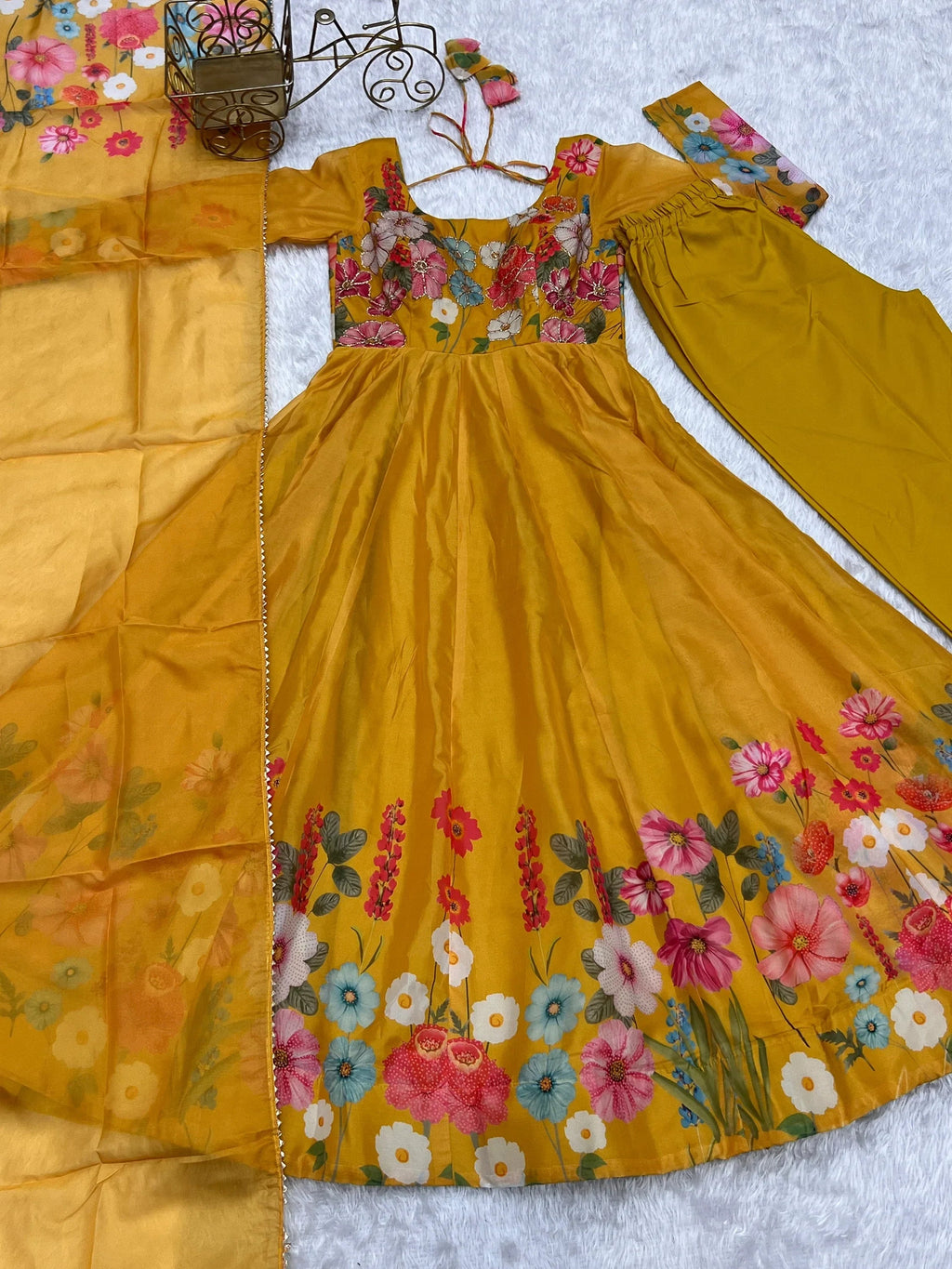 Yellow Incredible Floral Printed Organza Festival Wear Anarkali Suit