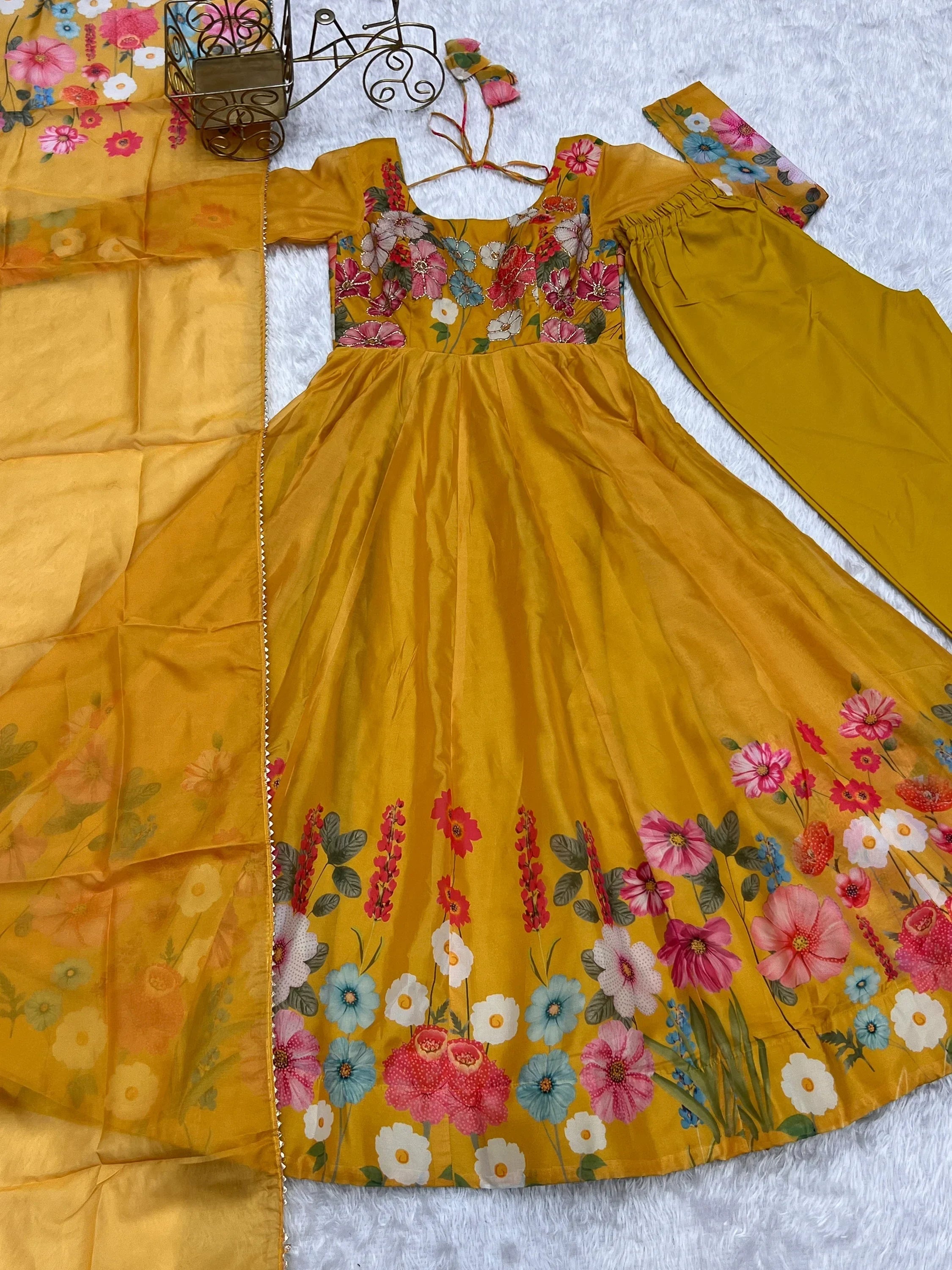 Yellow Incredible Floral Printed Organza Festival Wear Anarkali Suit