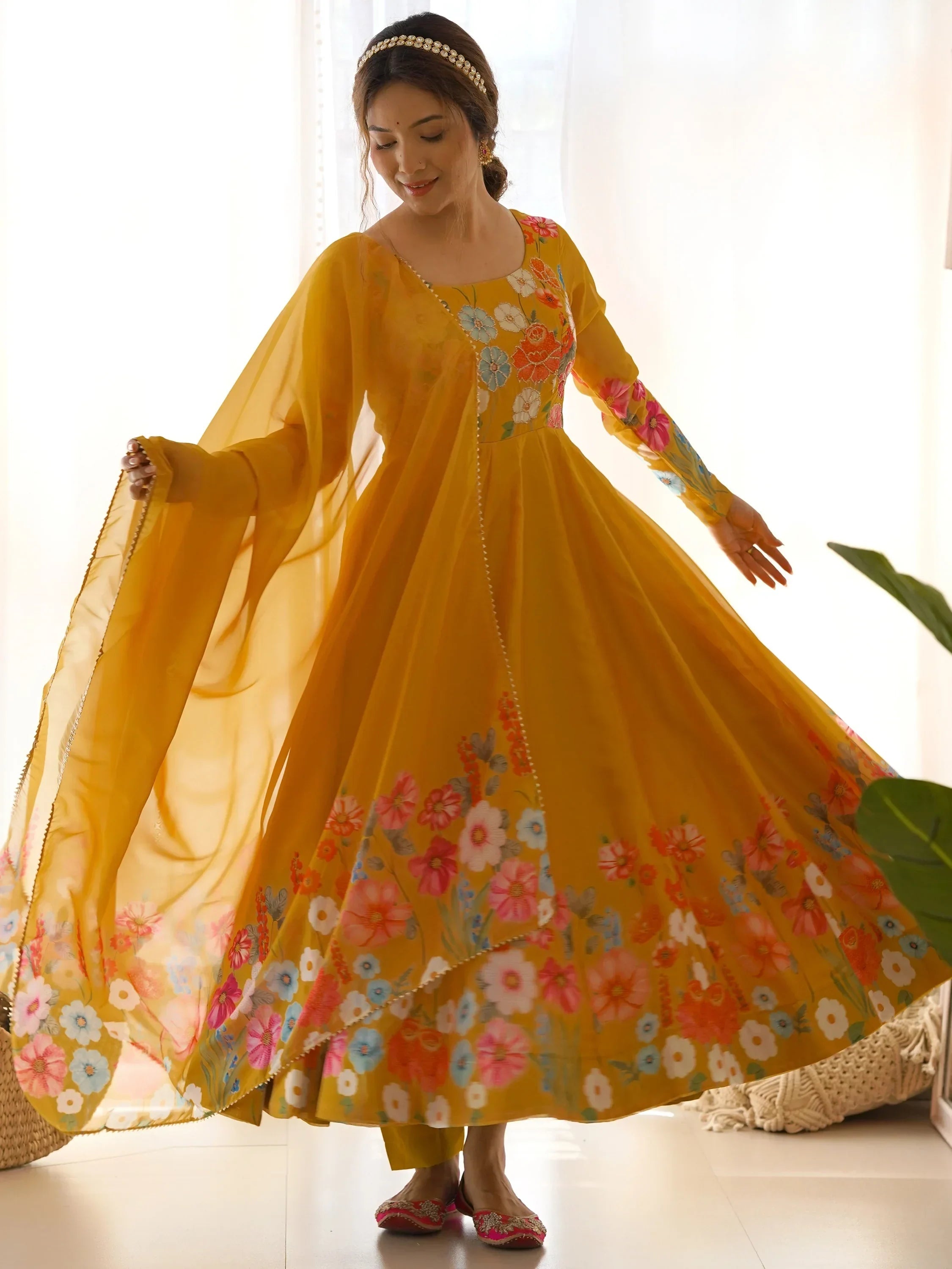 Yellow Incredible Floral Printed Organza Festival Wear Anarkali Suit