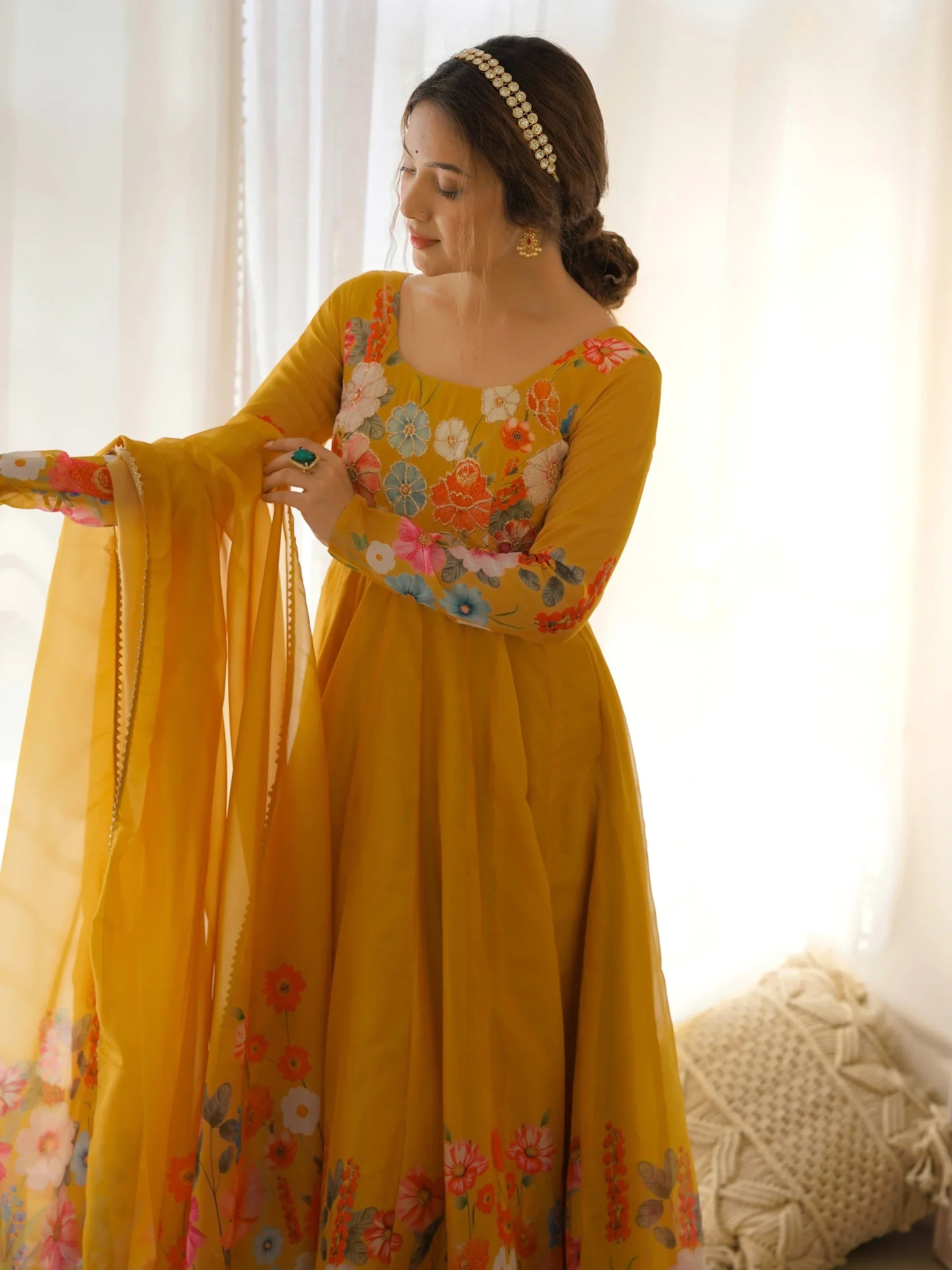 Yellow Incredible Floral Printed Organza Festival Wear Anarkali Suit