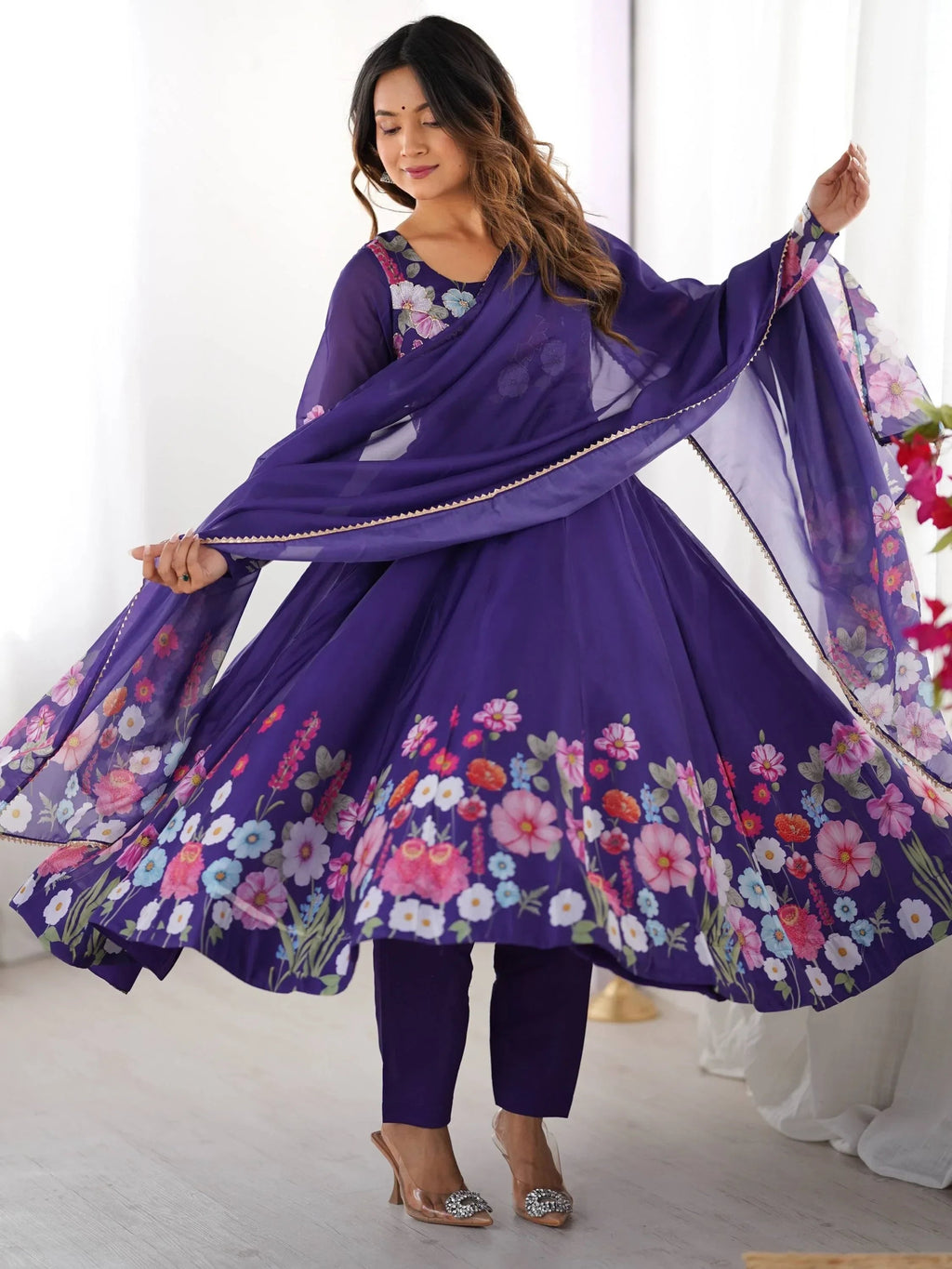 Purple Incredible Floral Printed Organza Festival Wear Anarkali Suit