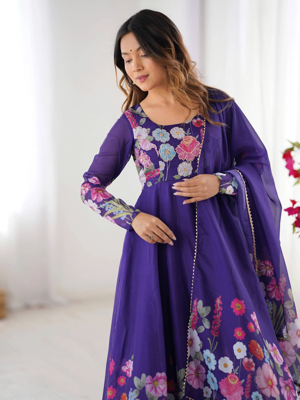Purple Incredible Floral Printed Organza Festival Wear Anarkali Suit