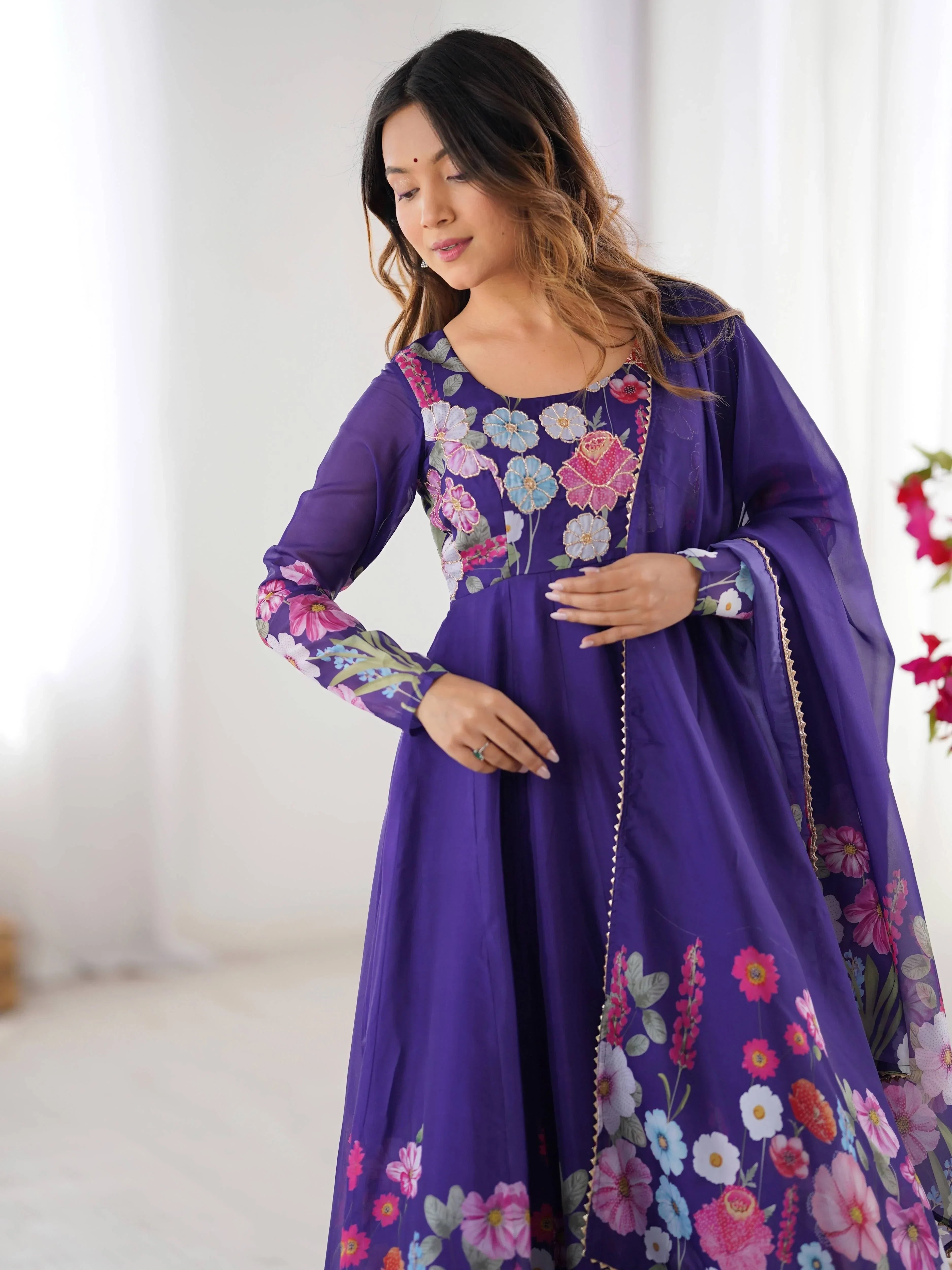 Purple Incredible Floral Printed Organza Festival Wear Anarkali Suit