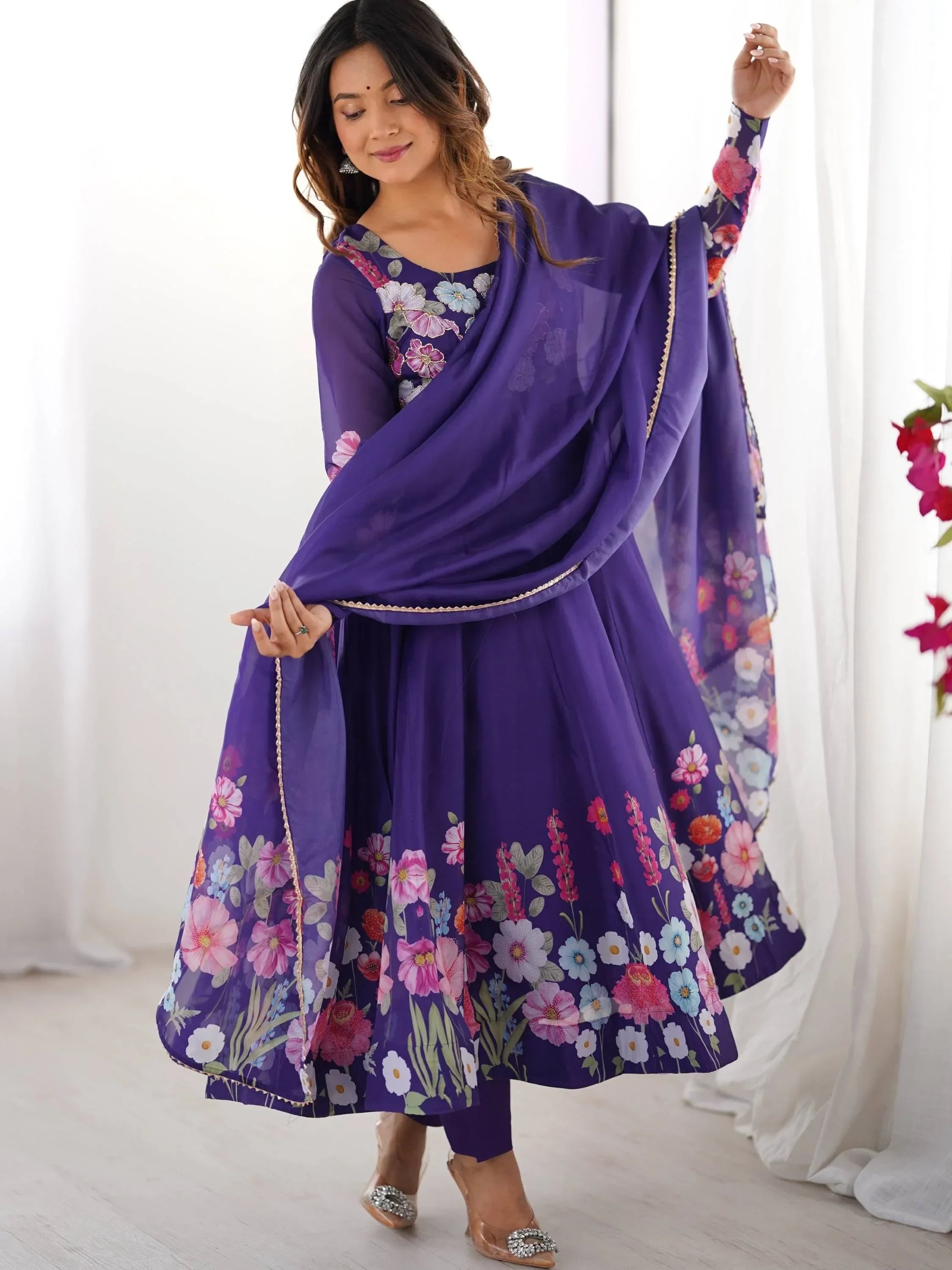 Purple Incredible Floral Printed Organza Festival Wear Anarkali Suit