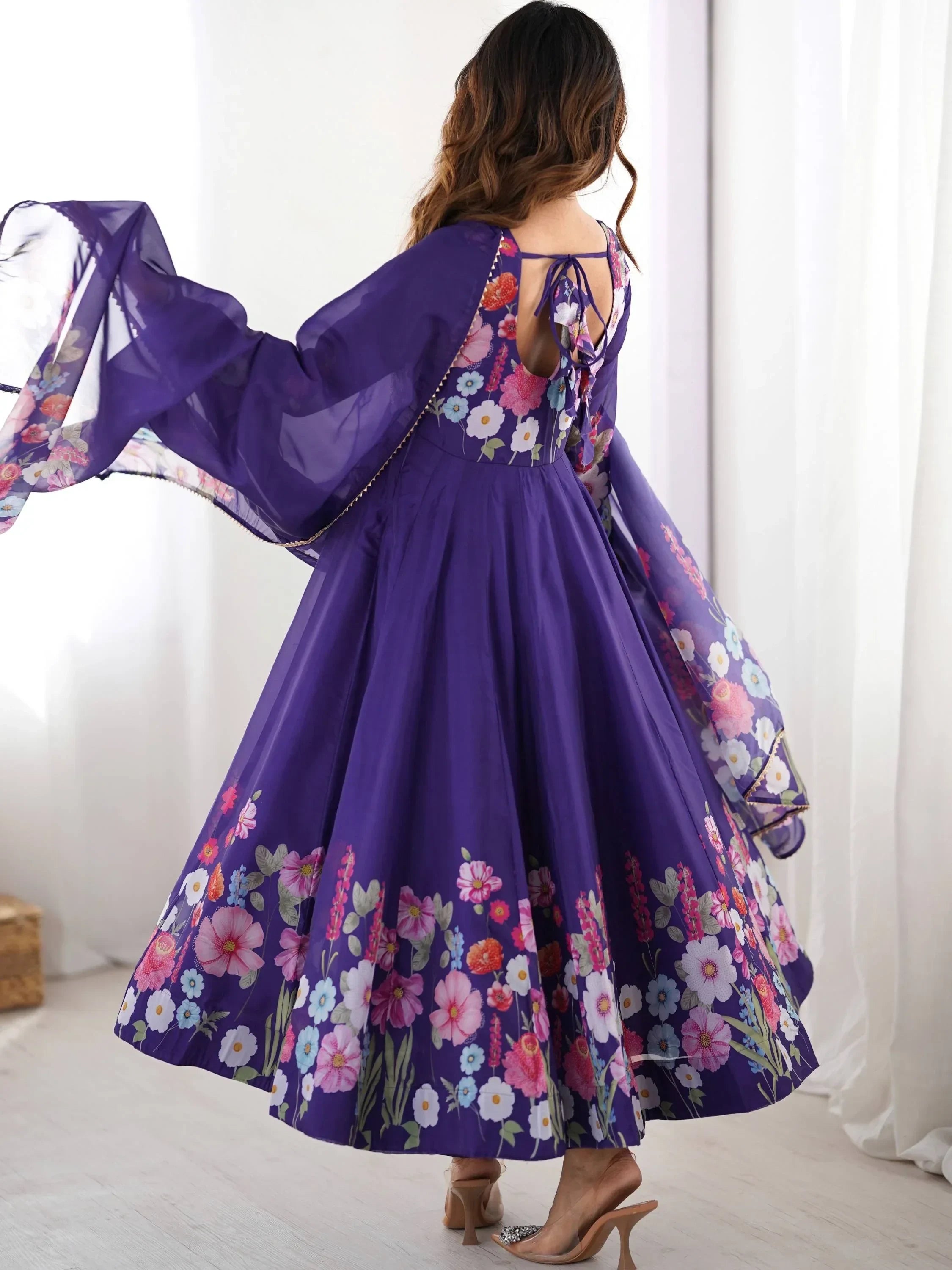 Purple Incredible Floral Printed Organza Festival Wear Anarkali Suit