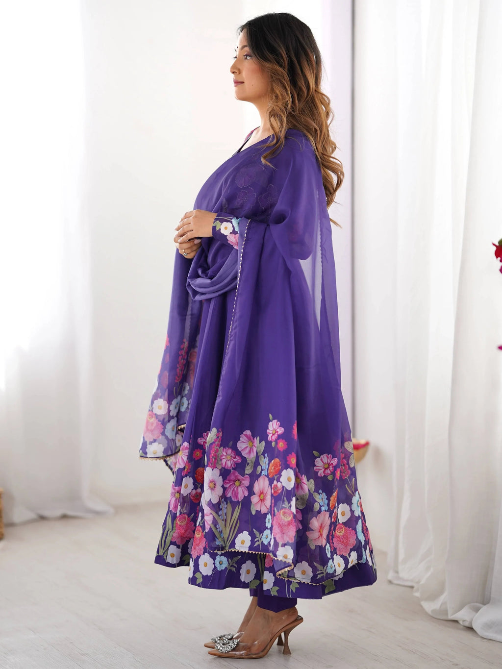 Purple Incredible Floral Printed Organza Festival Wear Anarkali Suit