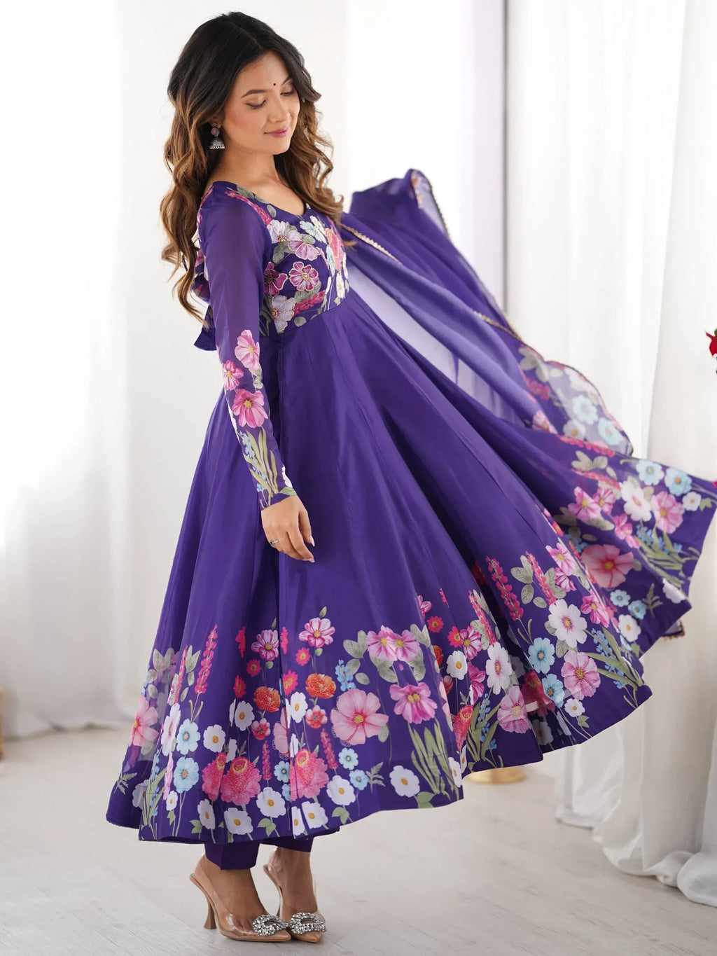 Purple Incredible Floral Printed Organza Festival Wear Anarkali Suit