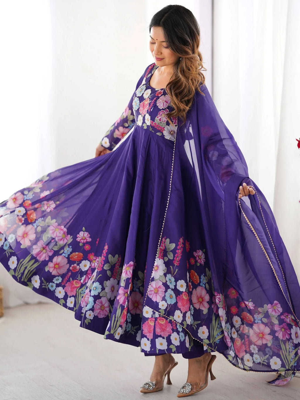 Purple Incredible Floral Printed Organza Festival Wear Anarkali Suit