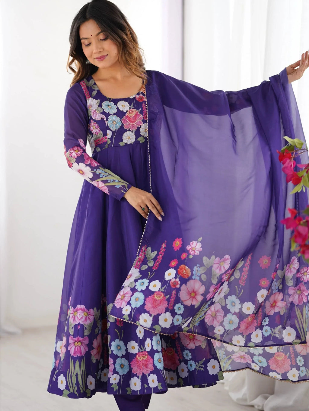 Purple Incredible Floral Printed Organza Festival Wear Anarkali Suit