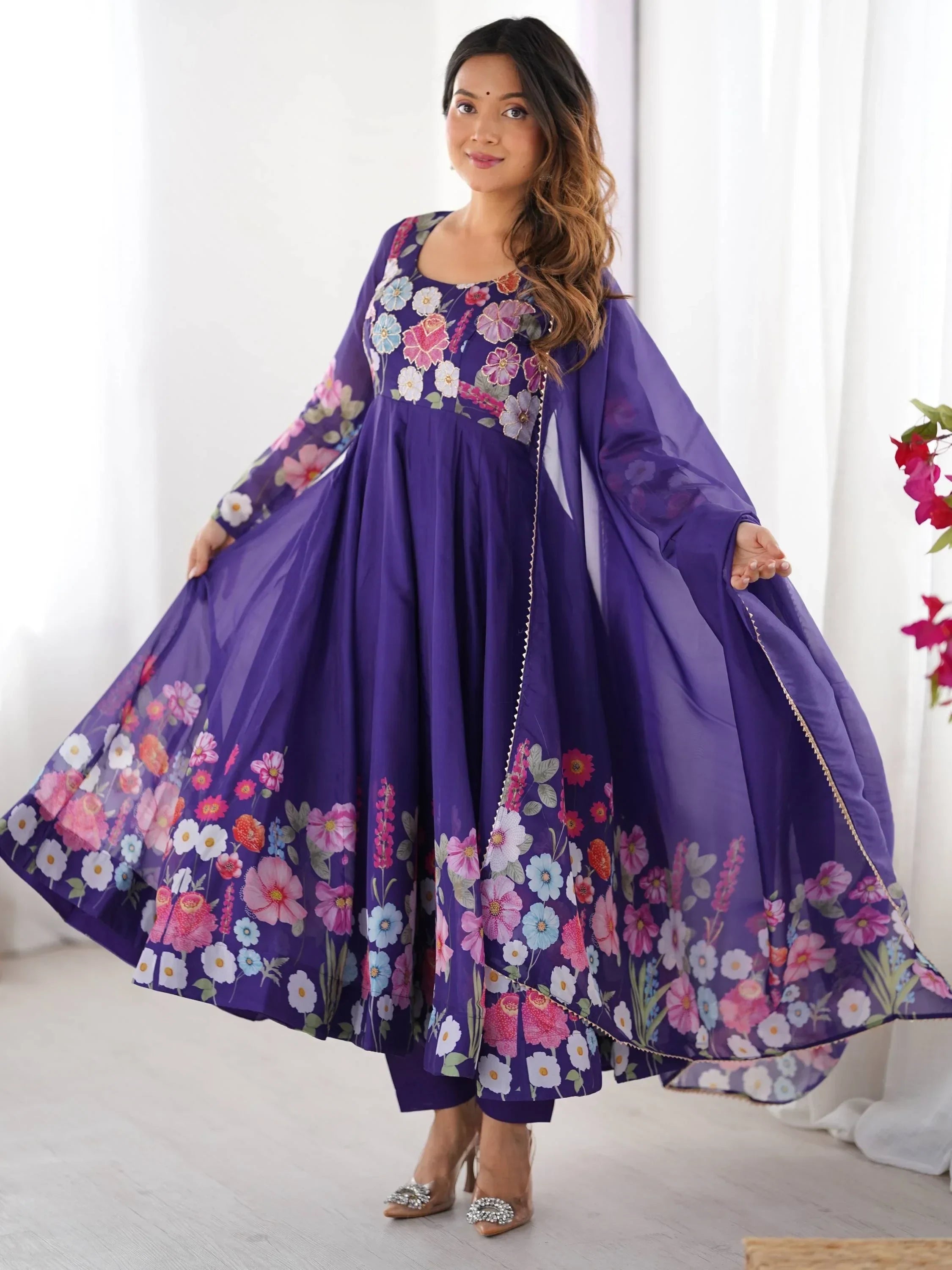 Purple Incredible Floral Printed Organza Festival Wear Anarkali Suit