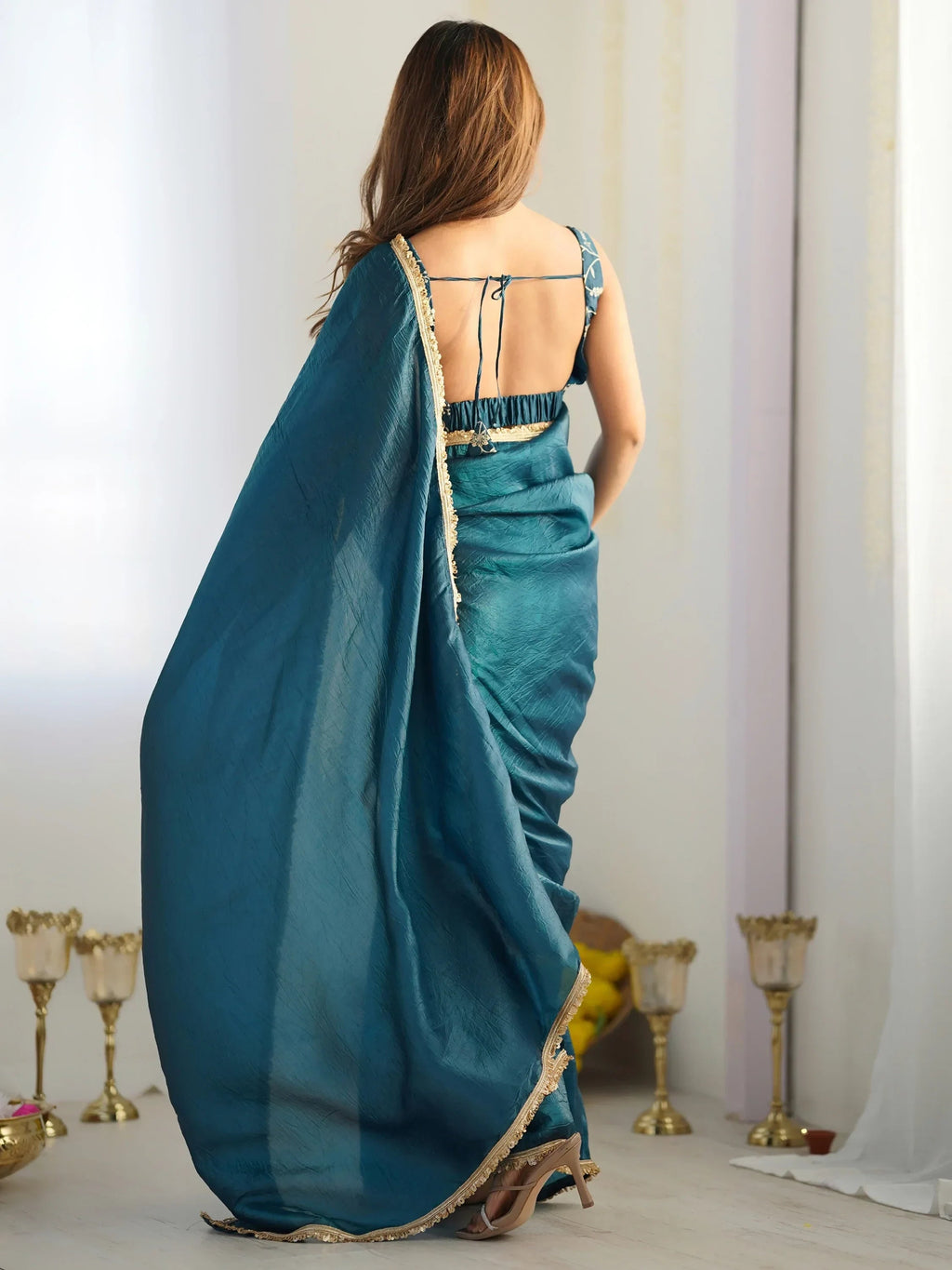 Teal Spectacular Light Tissue Silk Pre Stitched Saree With Blouse