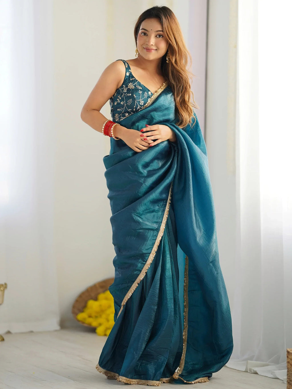 Teal Spectacular Light Tissue Silk Pre Stitched Saree With Blouse