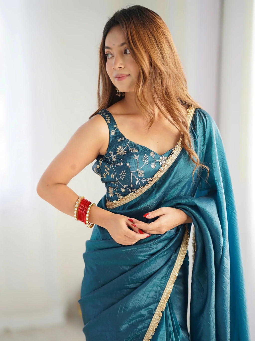 Teal Spectacular Light Tissue Silk Pre Stitched Saree With Blouse