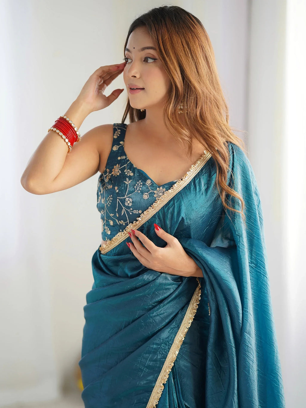 Teal Spectacular Light Tissue Silk Pre Stitched Saree With Blouse