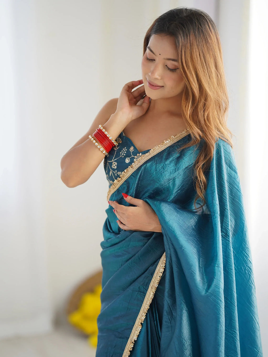 Teal Spectacular Light Tissue Silk Pre Stitched Saree With Blouse