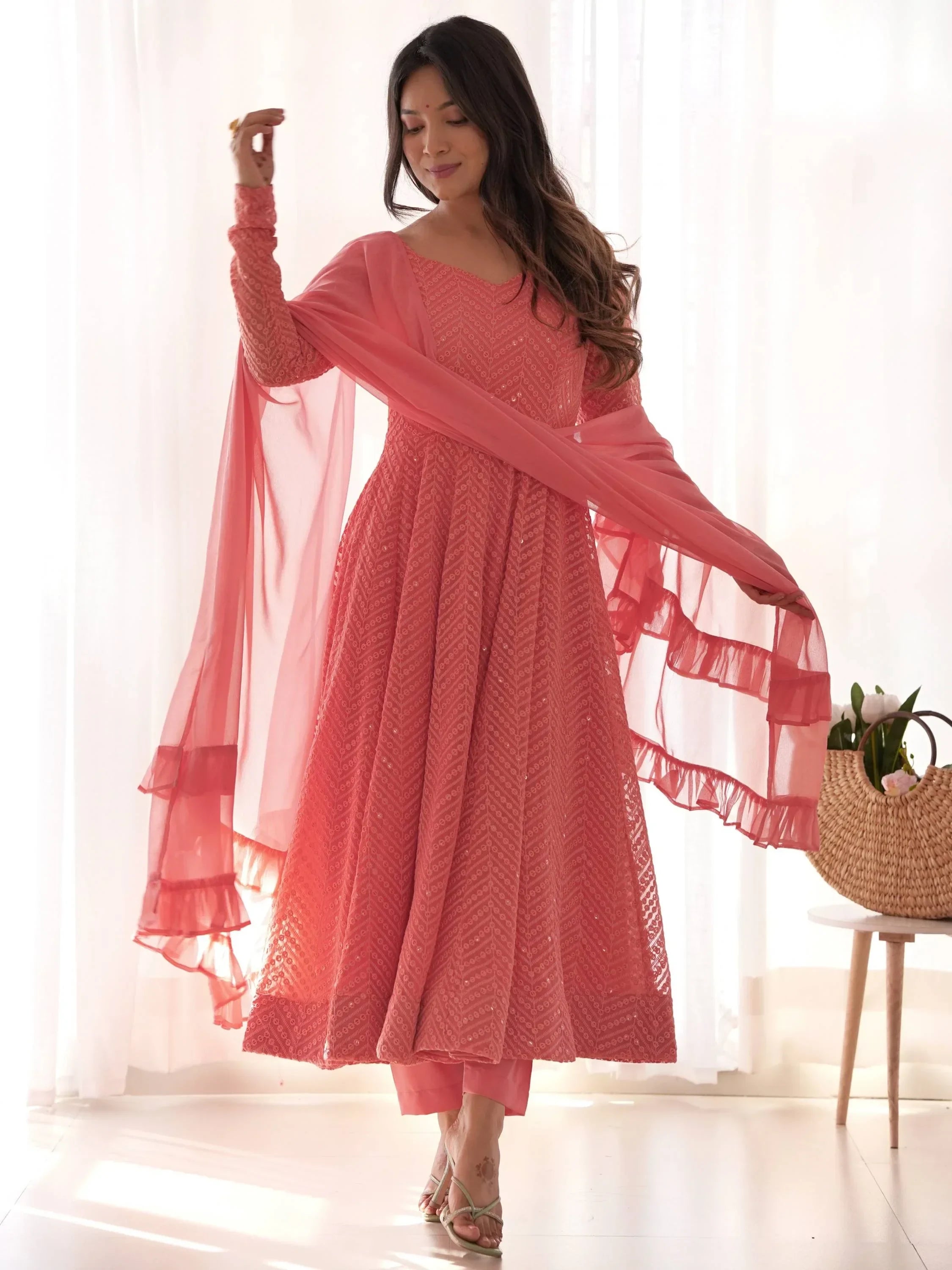 Peach Incredible Lucknawi Work Georgette Anarkali Suit With Ruffle Dupatta