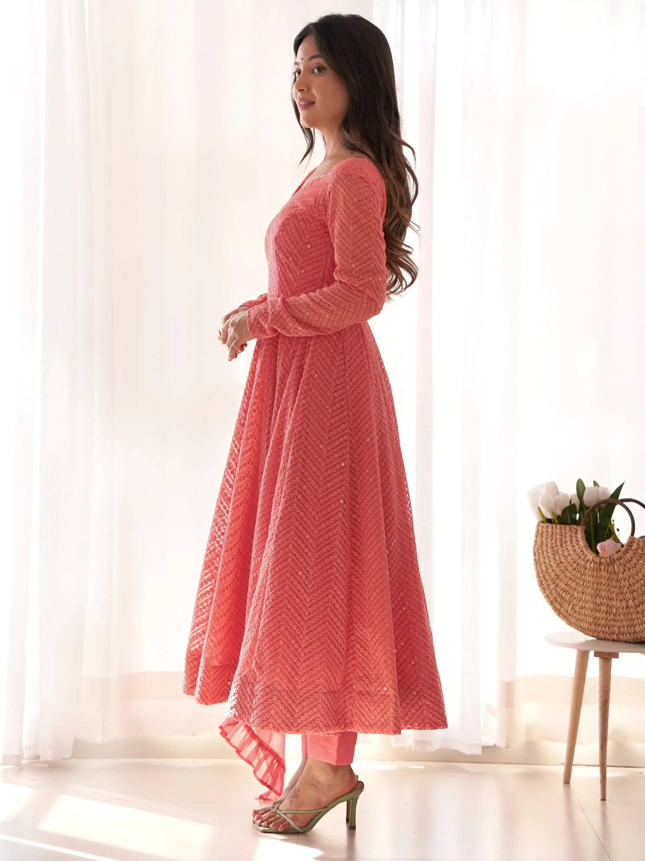 Peach Incredible Lucknawi Work Georgette Anarkali Suit With Ruffle Dupatta