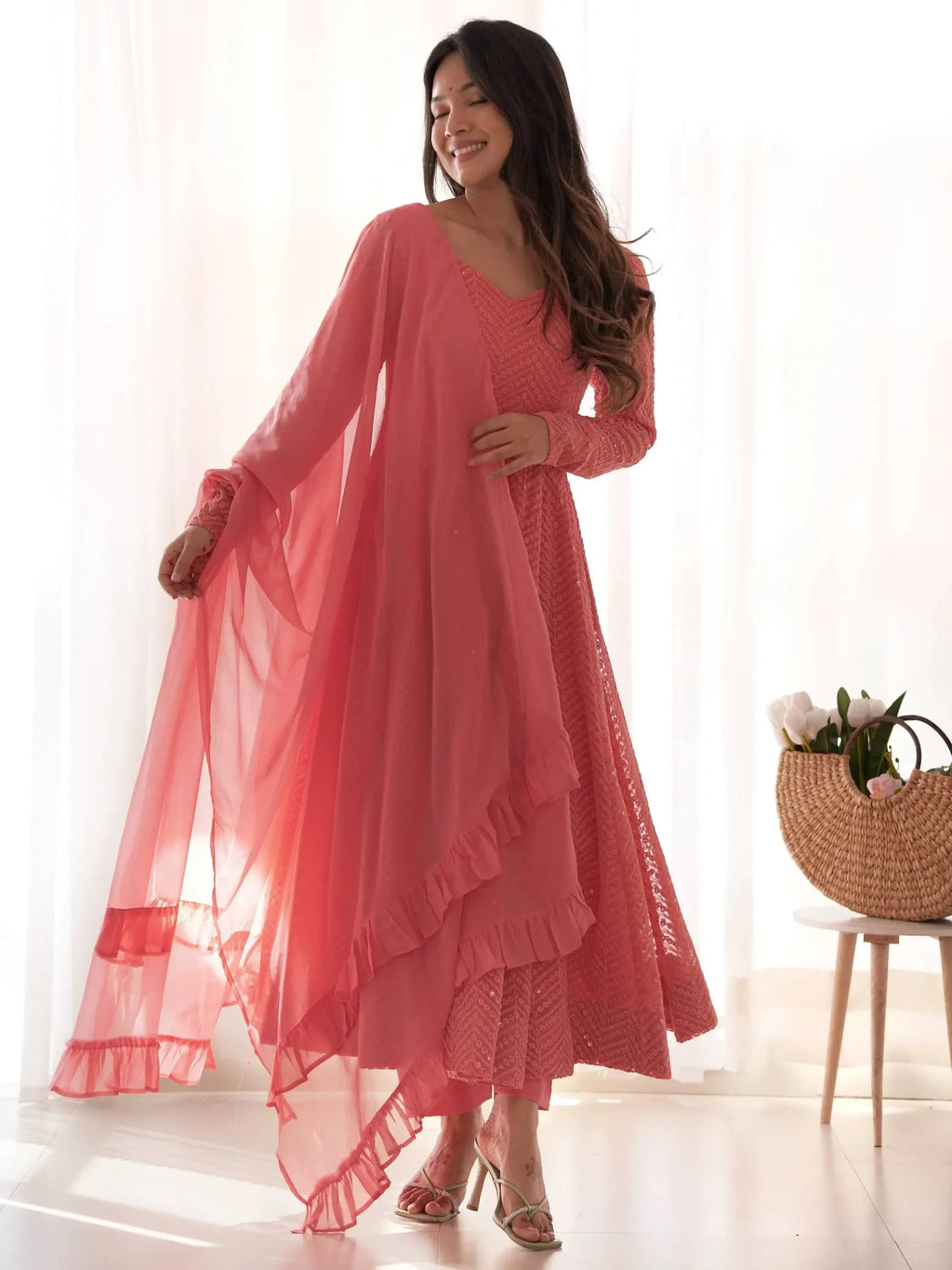 Peach Incredible Lucknawi Work Georgette Anarkali Suit With Ruffle Dupatta