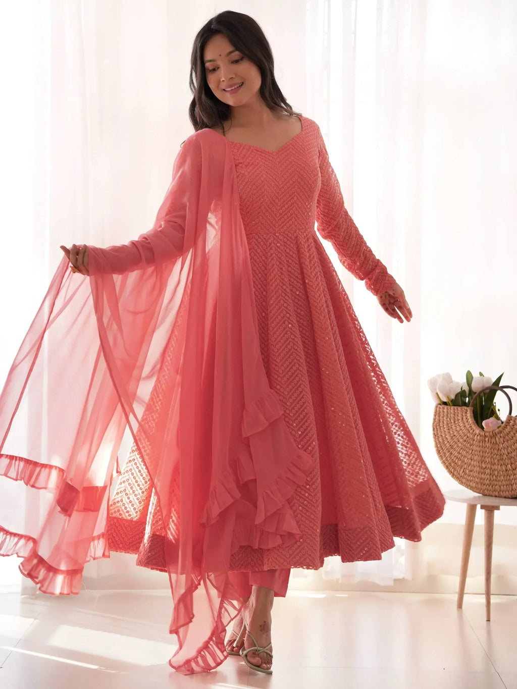 Peach Incredible Lucknawi Work Georgette Anarkali Suit With Ruffle Dupatta