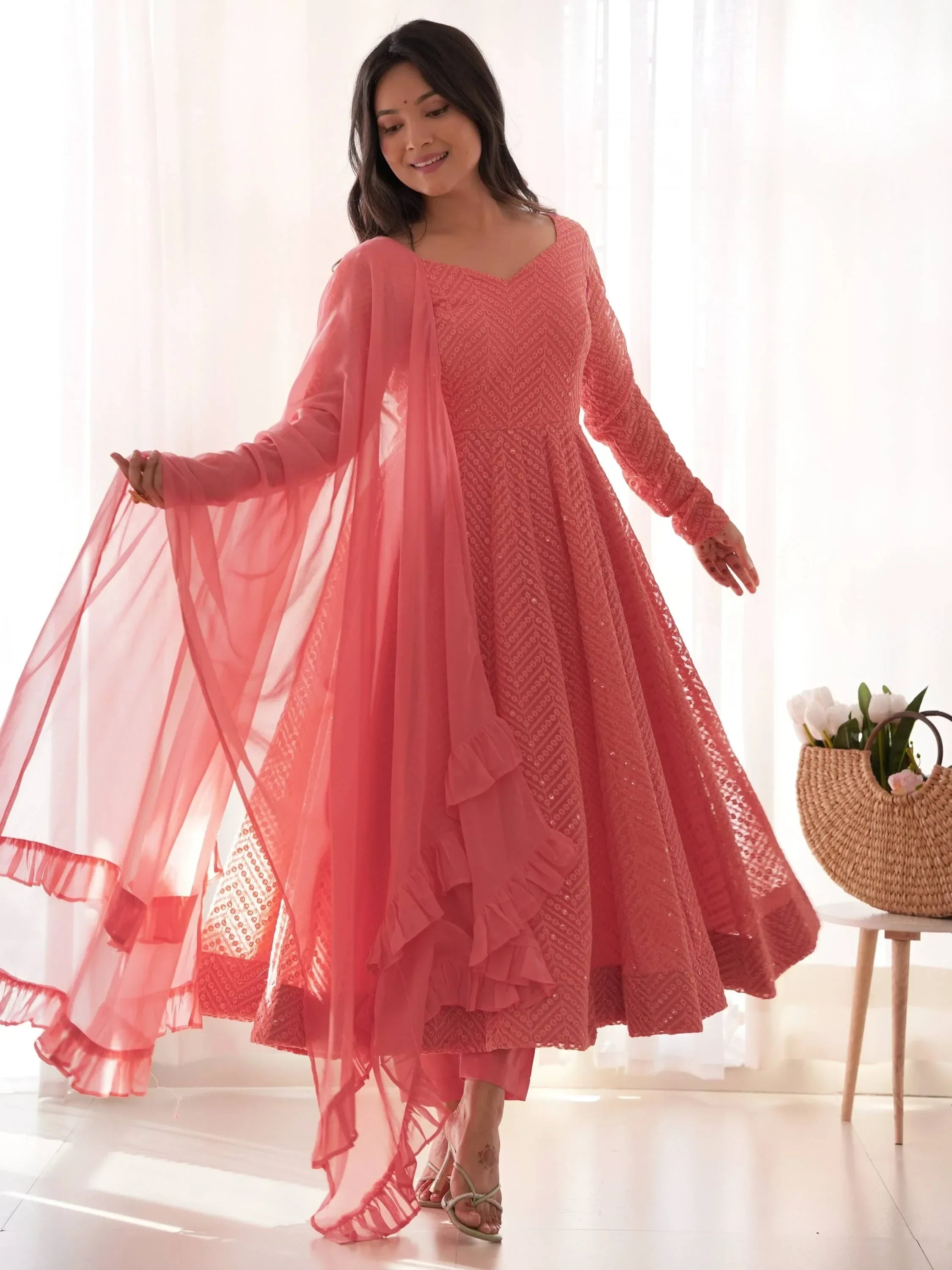 Peach Incredible Lucknawi Work Georgette Anarkali Suit With Ruffle Dupatta