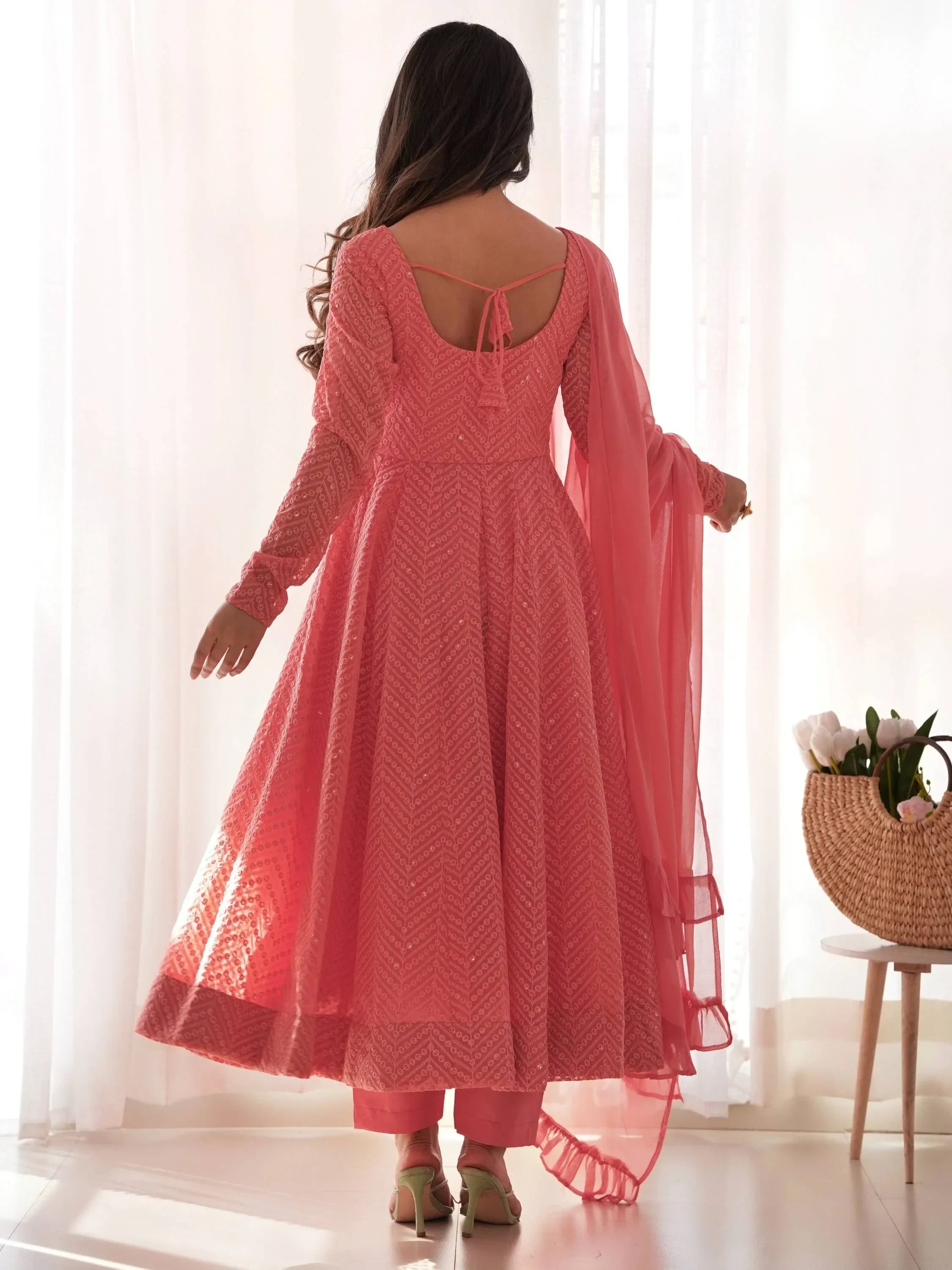 Peach Incredible Lucknawi Work Georgette Anarkali Suit With Ruffle Dupatta