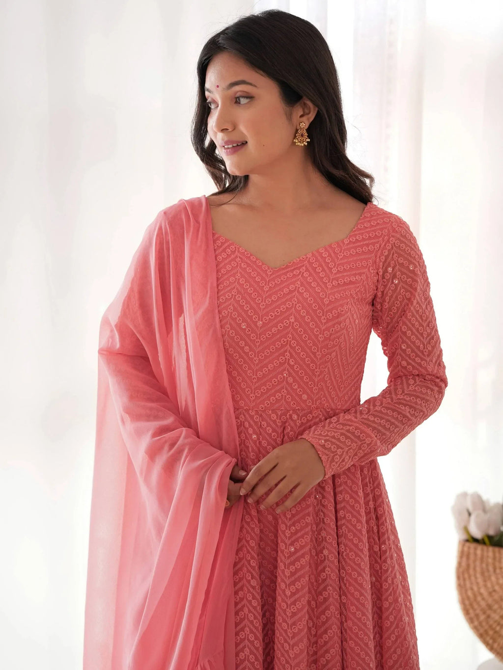 Peach Incredible Lucknawi Work Georgette Anarkali Suit With Ruffle Dupatta