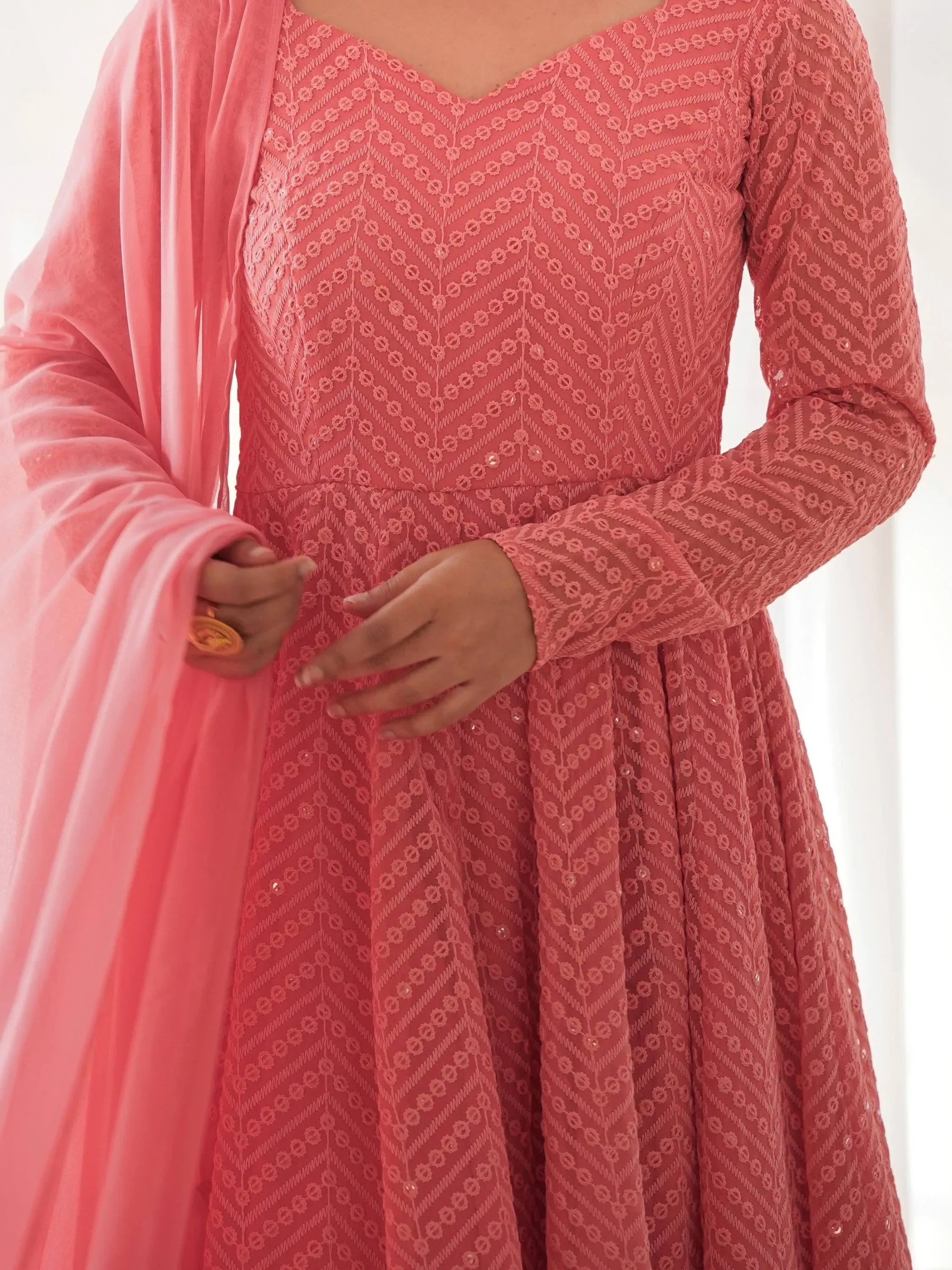 Peach Incredible Lucknawi Work Georgette Anarkali Suit With Ruffle Dupatta