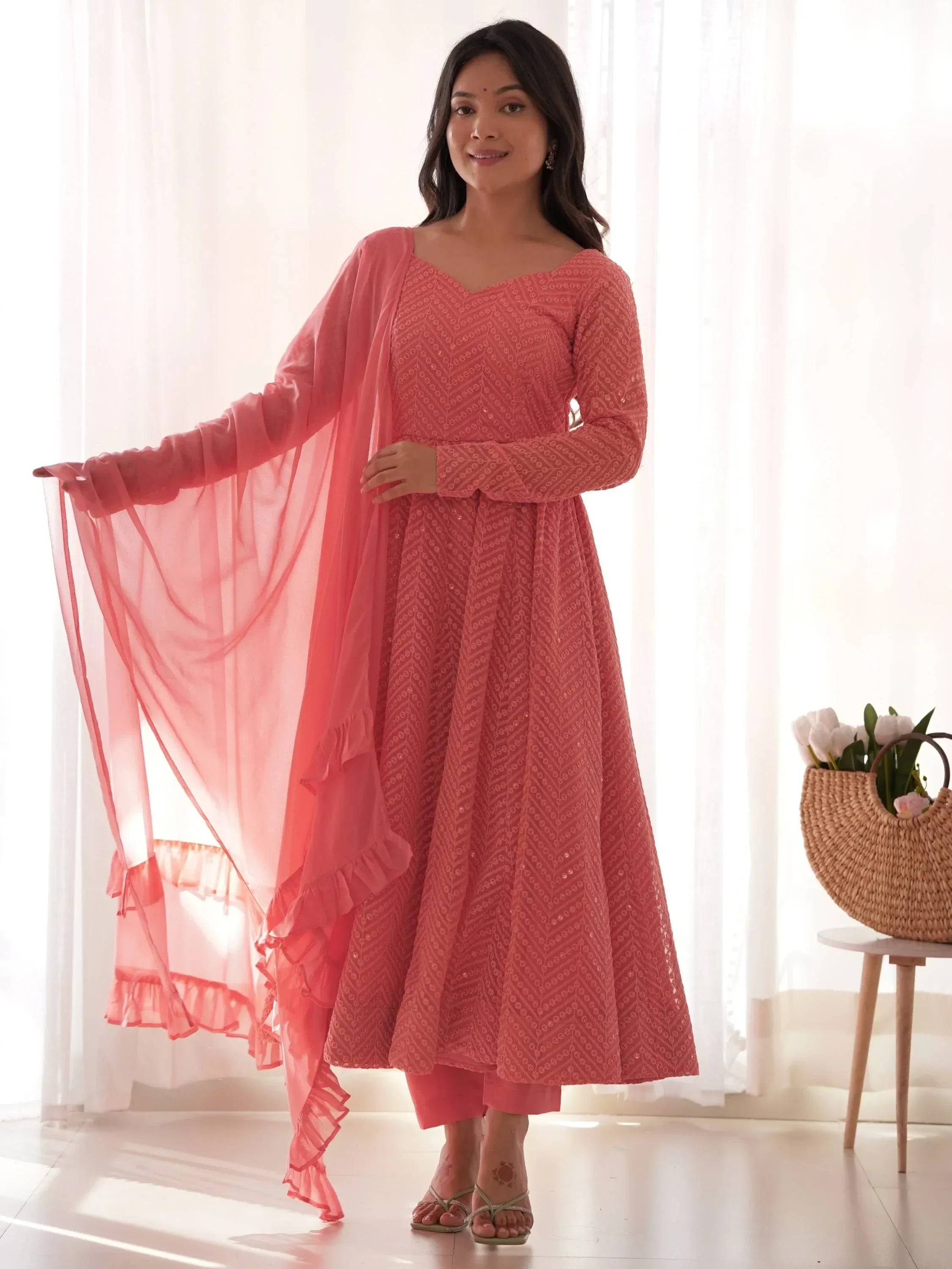 Peach Incredible Lucknawi Work Georgette Anarkali Suit With Ruffle Dupatta