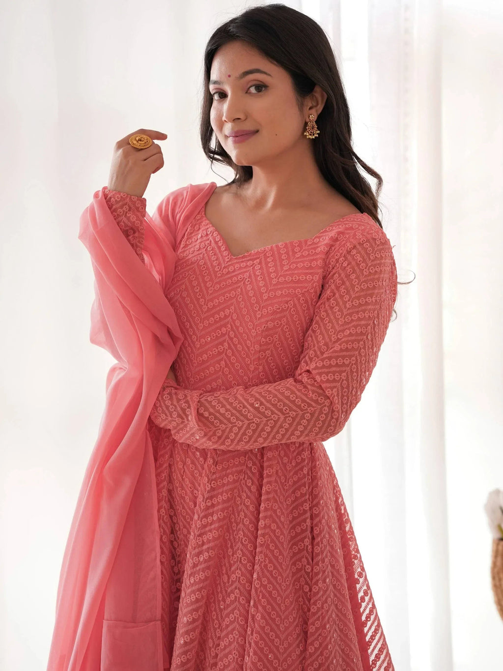 Peach Incredible Lucknawi Work Georgette Anarkali Suit With Ruffle Dupatta