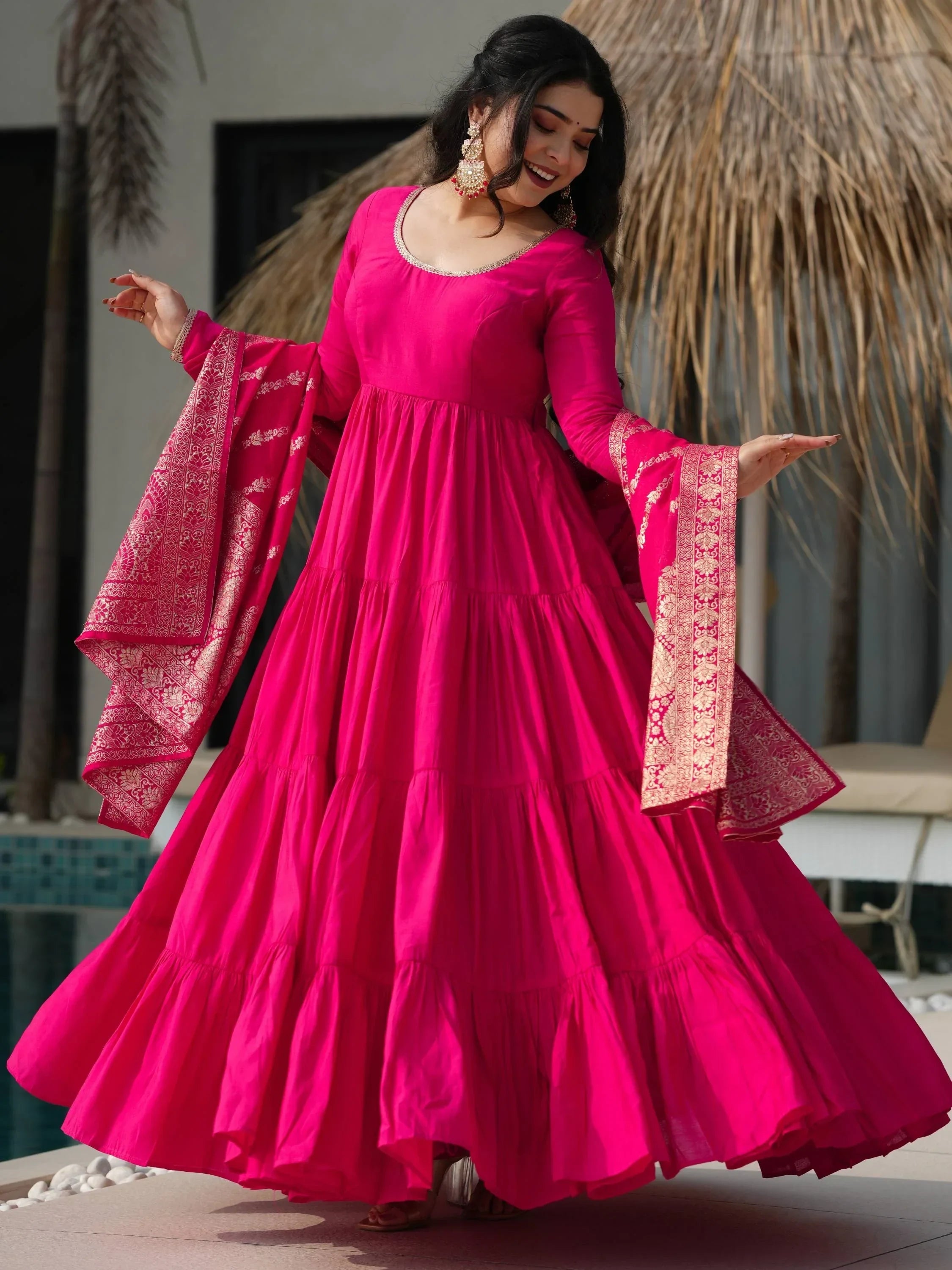 Pink Lovely Chanderi Festival Wear Anarkali Suit With Banarasi Dupatta