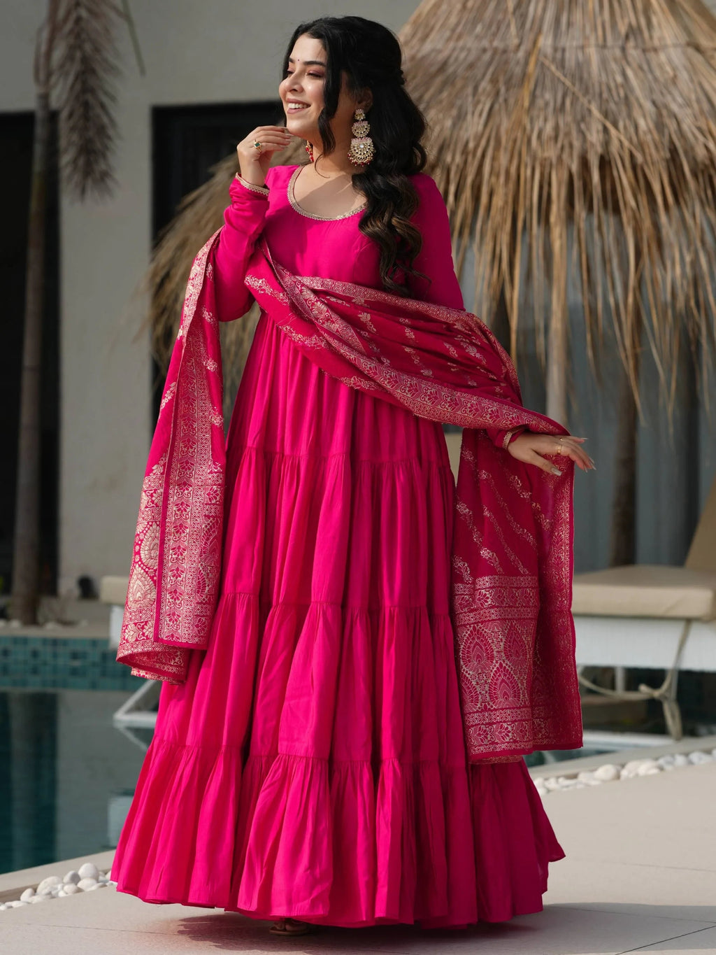 Pink Lovely Chanderi Festival Wear Anarkali Suit With Banarasi Dupatta