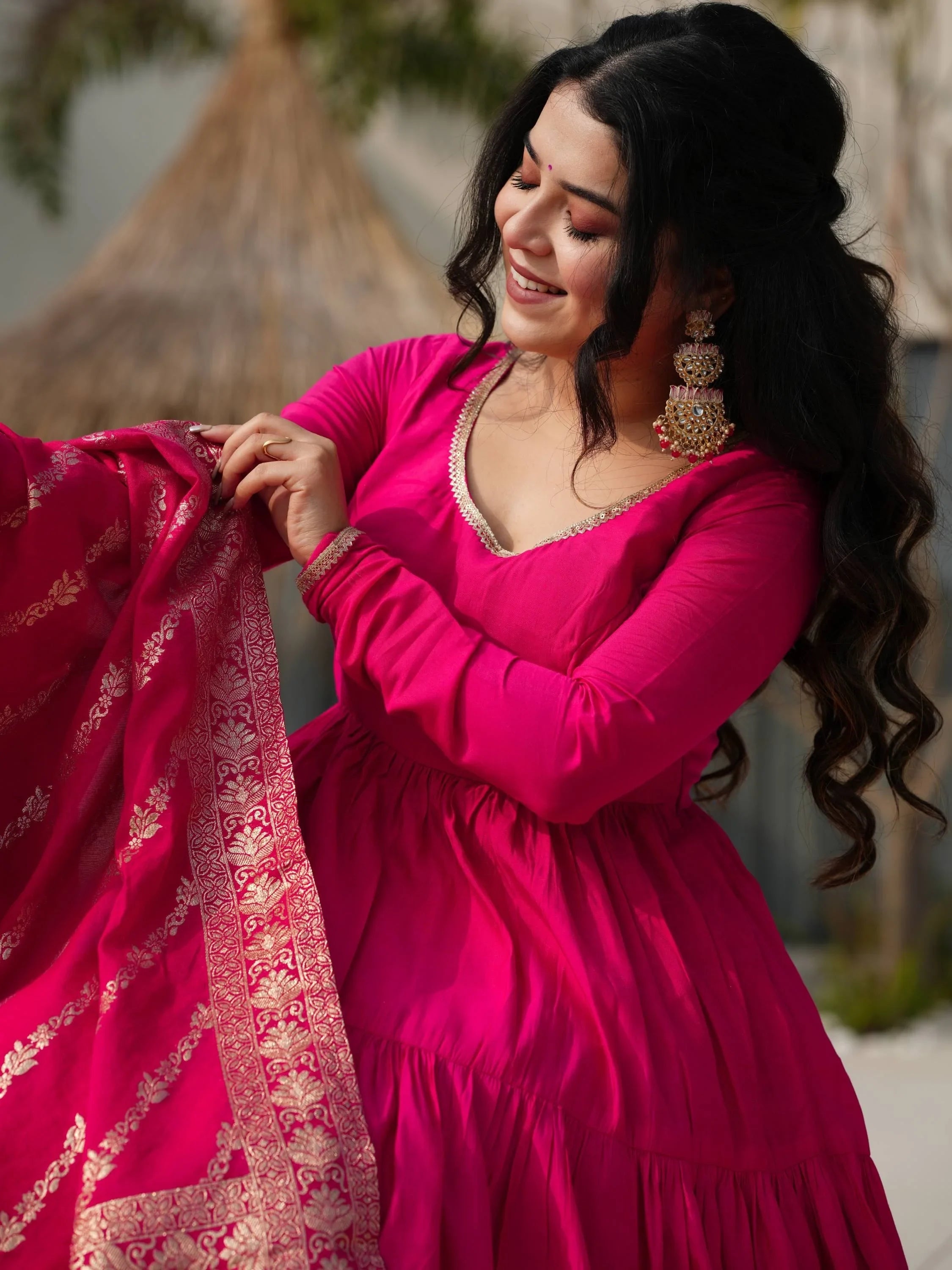 Pink Lovely Chanderi Festival Wear Anarkali Suit With Banarasi Dupatta