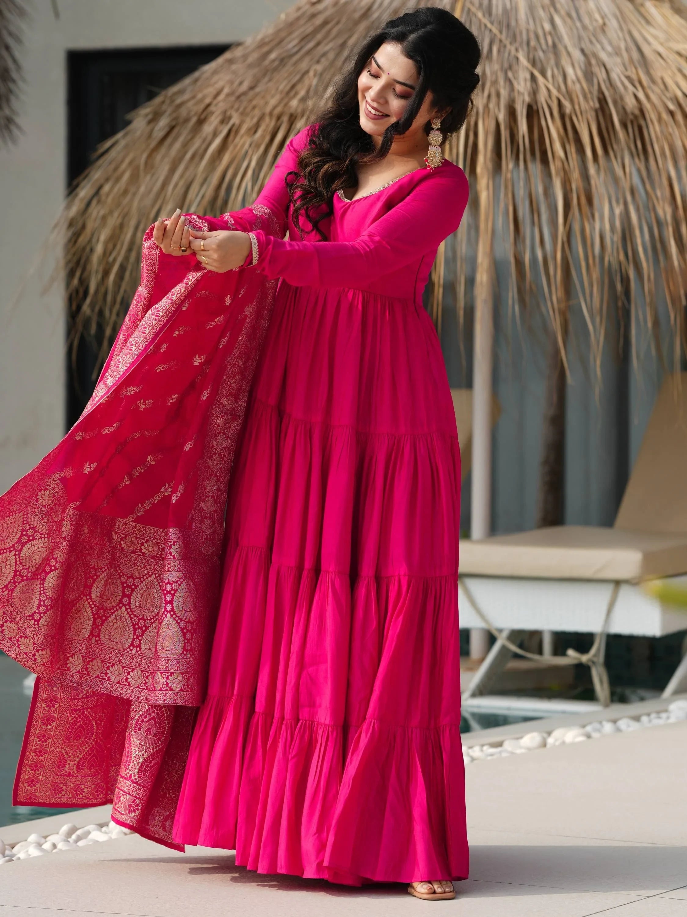 Pink Lovely Chanderi Festival Wear Anarkali Suit With Banarasi Dupatta