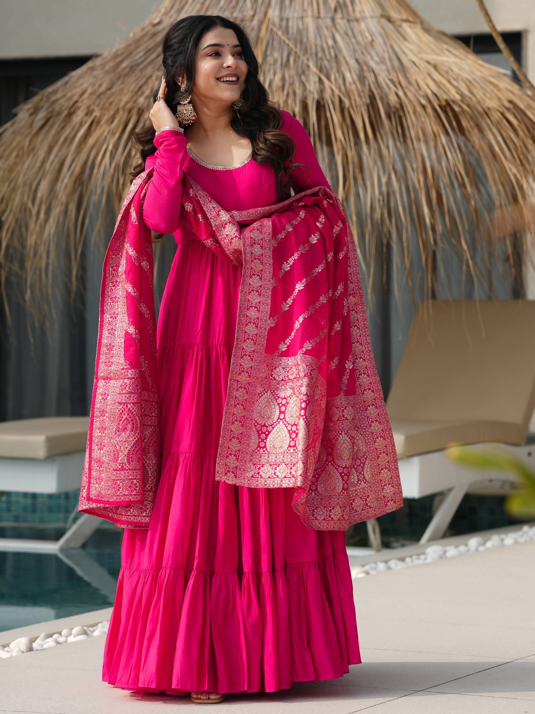 Pink Lovely Chanderi Festival Wear Anarkali Suit With Banarasi Dupatta
