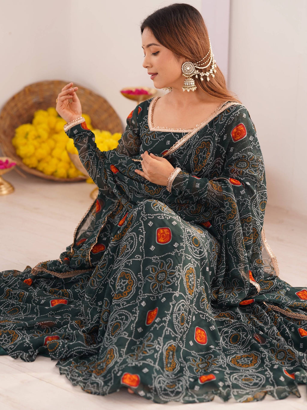 Green Marvelous Bandhani Printed Georgette Festival Wear Anarkali Suit