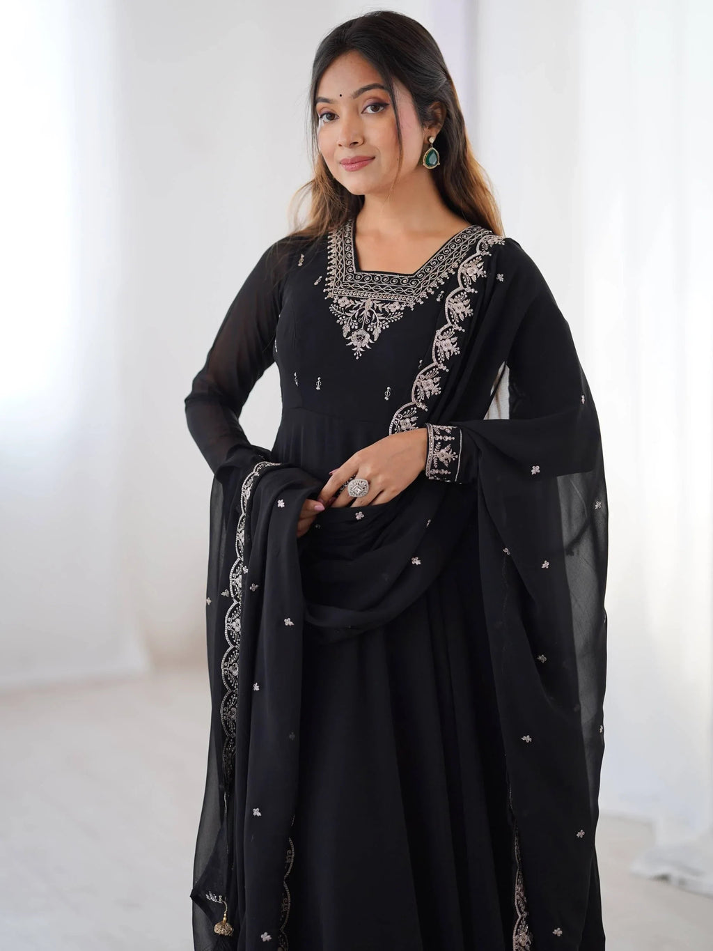 Black Fabulous Embroidered Georgette Anarkali Suit With Dupatta