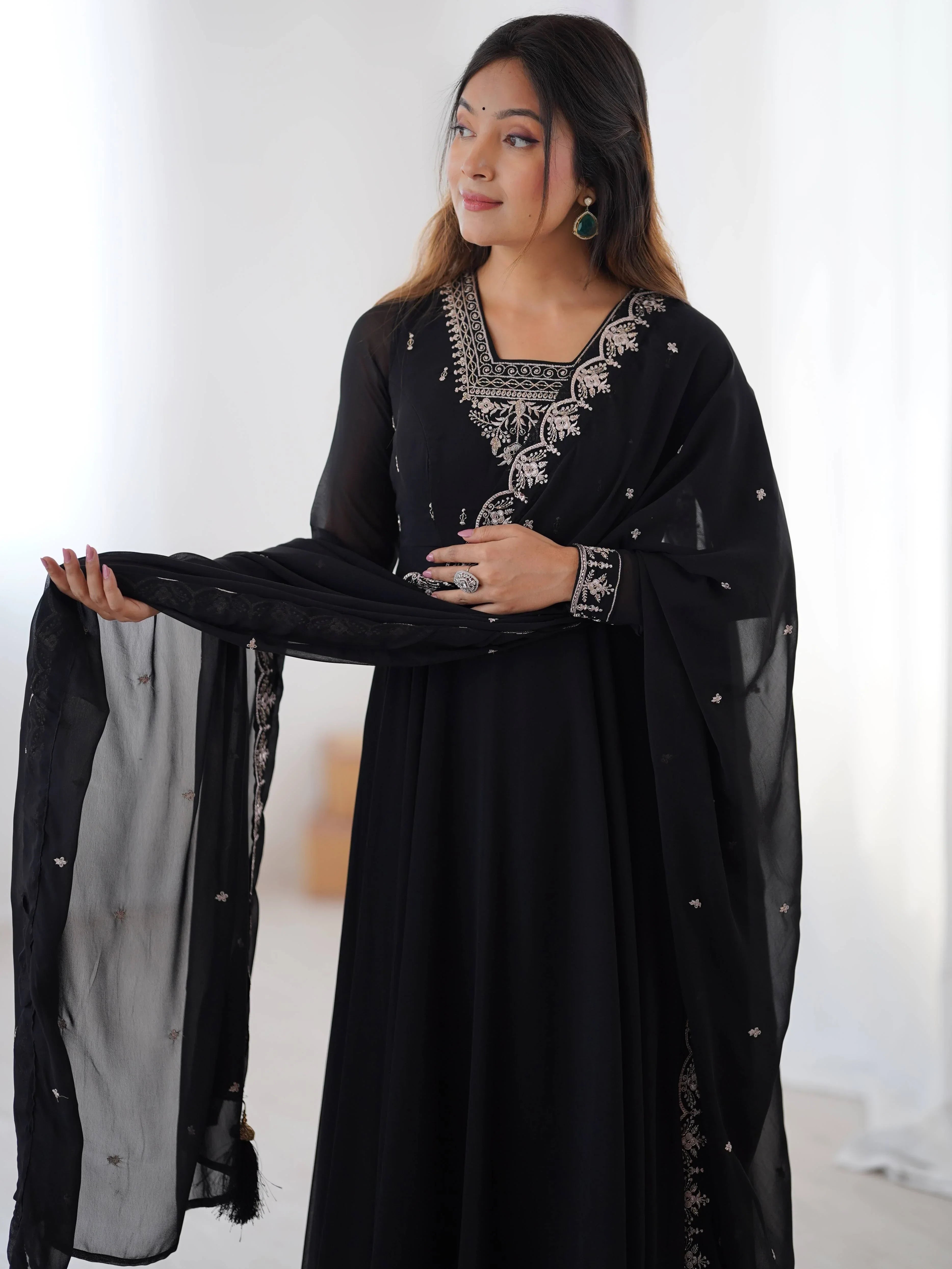Black Fabulous Embroidered Georgette Anarkali Suit With Dupatta