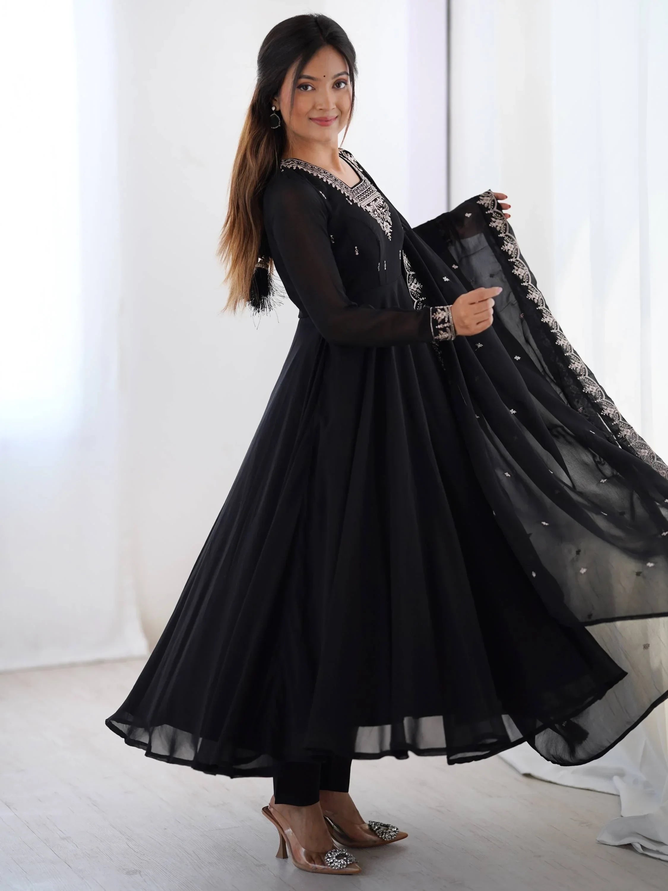 Black Fabulous Embroidered Georgette Anarkali Suit With Dupatta