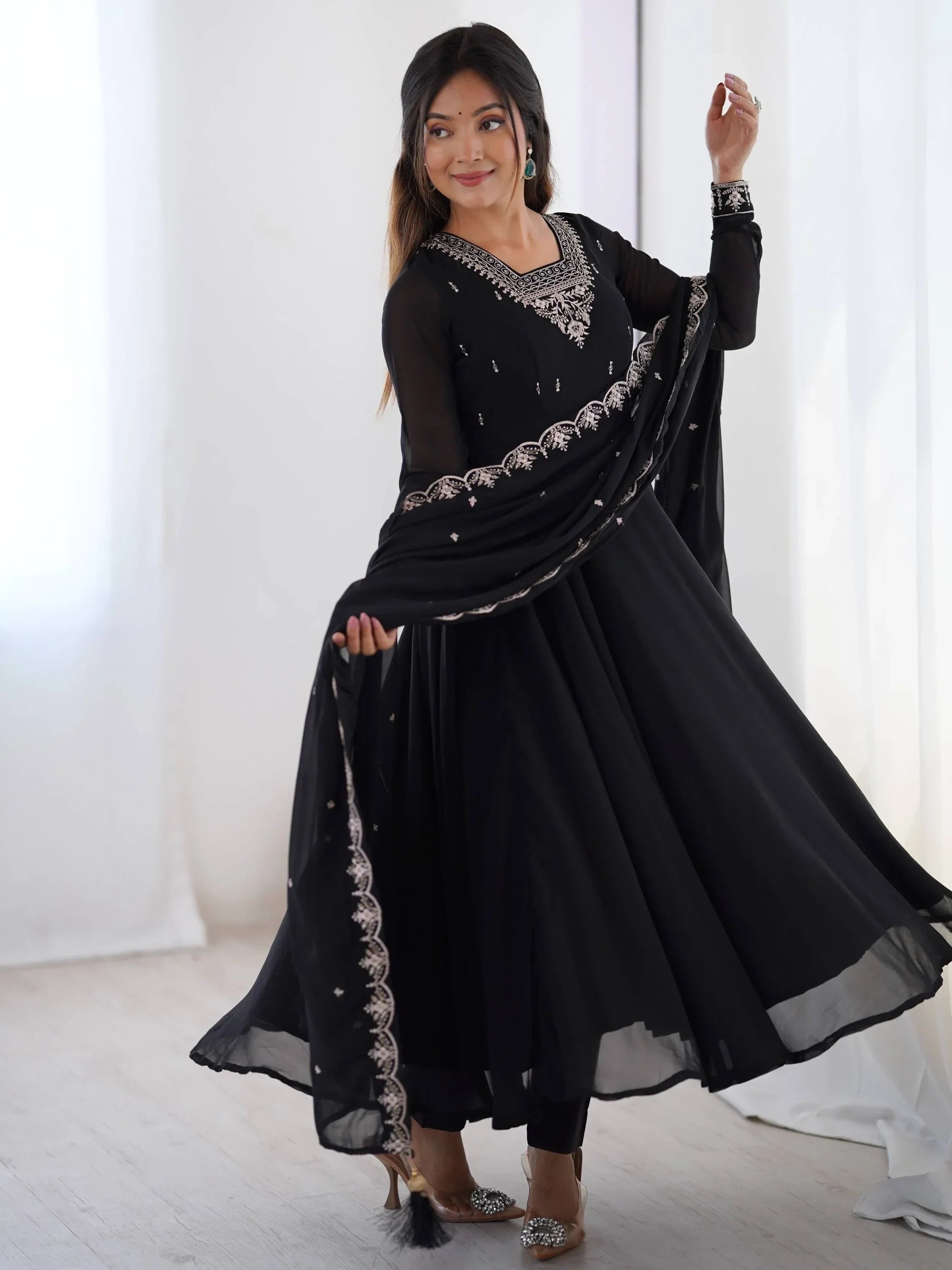 Black Fabulous Embroidered Georgette Anarkali Suit With Dupatta
