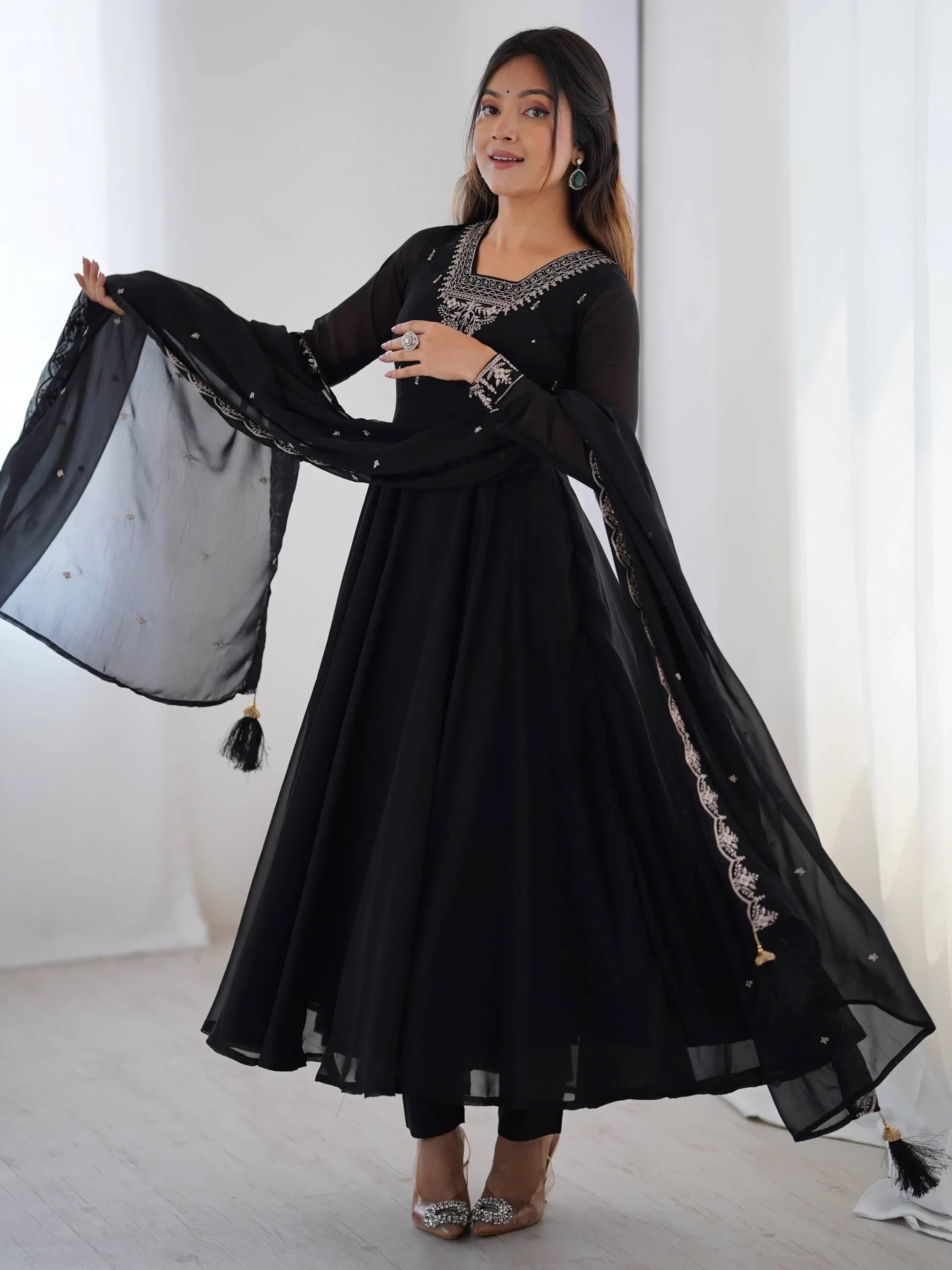 Black Fabulous Embroidered Georgette Anarkali Suit With Dupatta