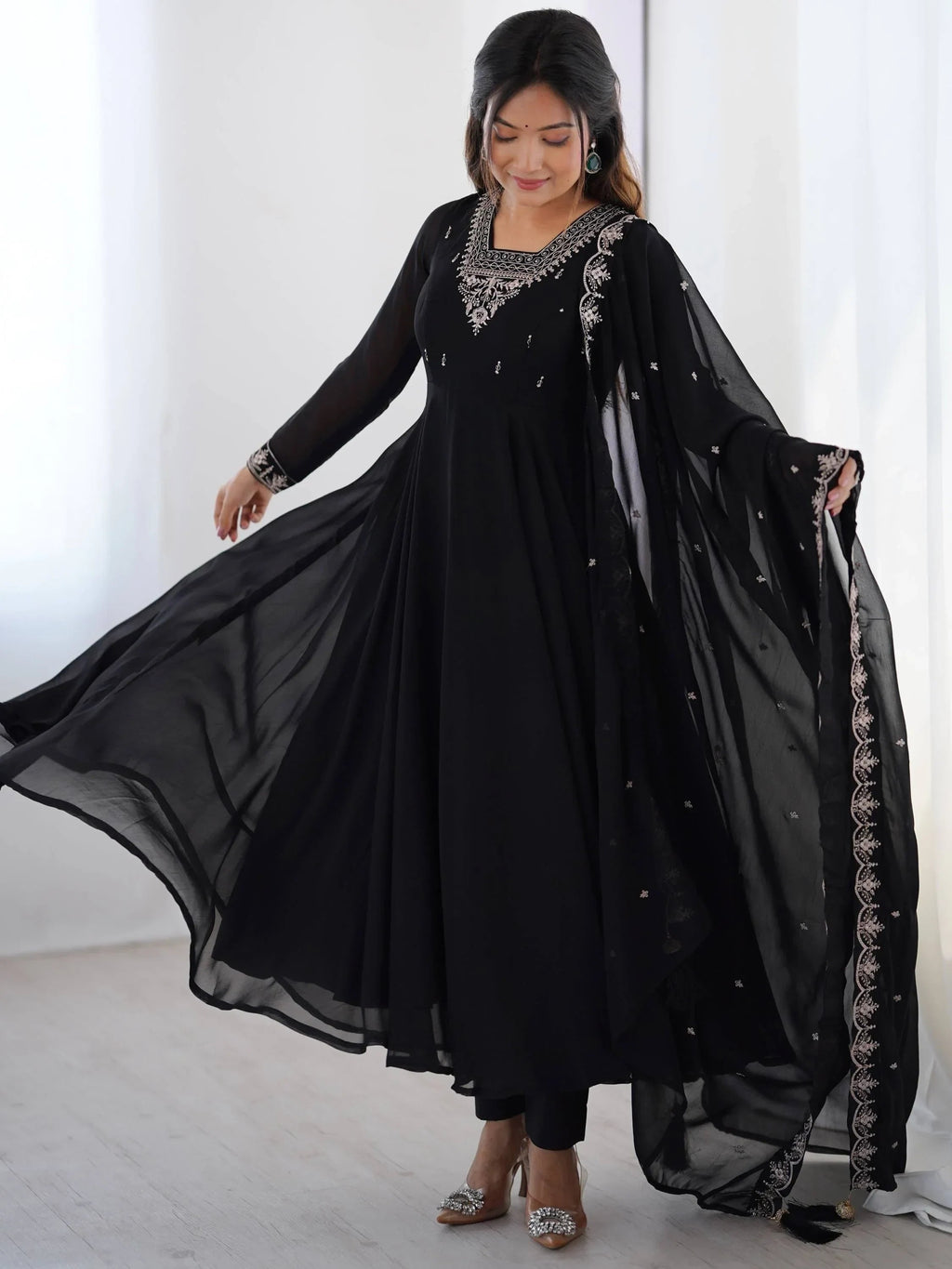 Black Fabulous Embroidered Georgette Anarkali Suit With Dupatta