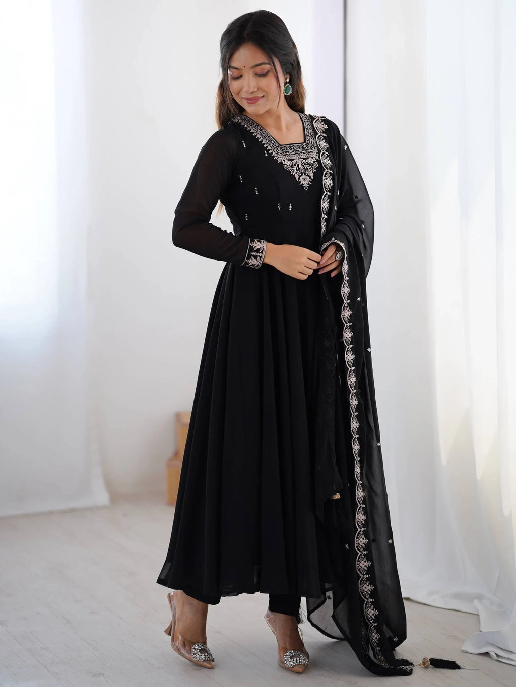 Black Fabulous Embroidered Georgette Anarkali Suit With Dupatta