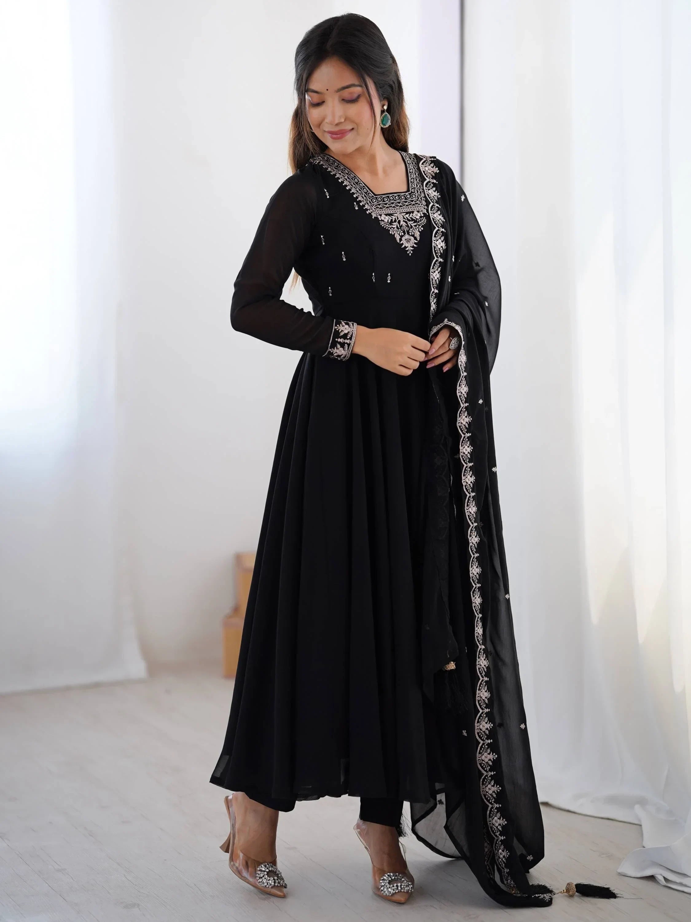 Black Fabulous Embroidered Georgette Anarkali Suit With Dupatta