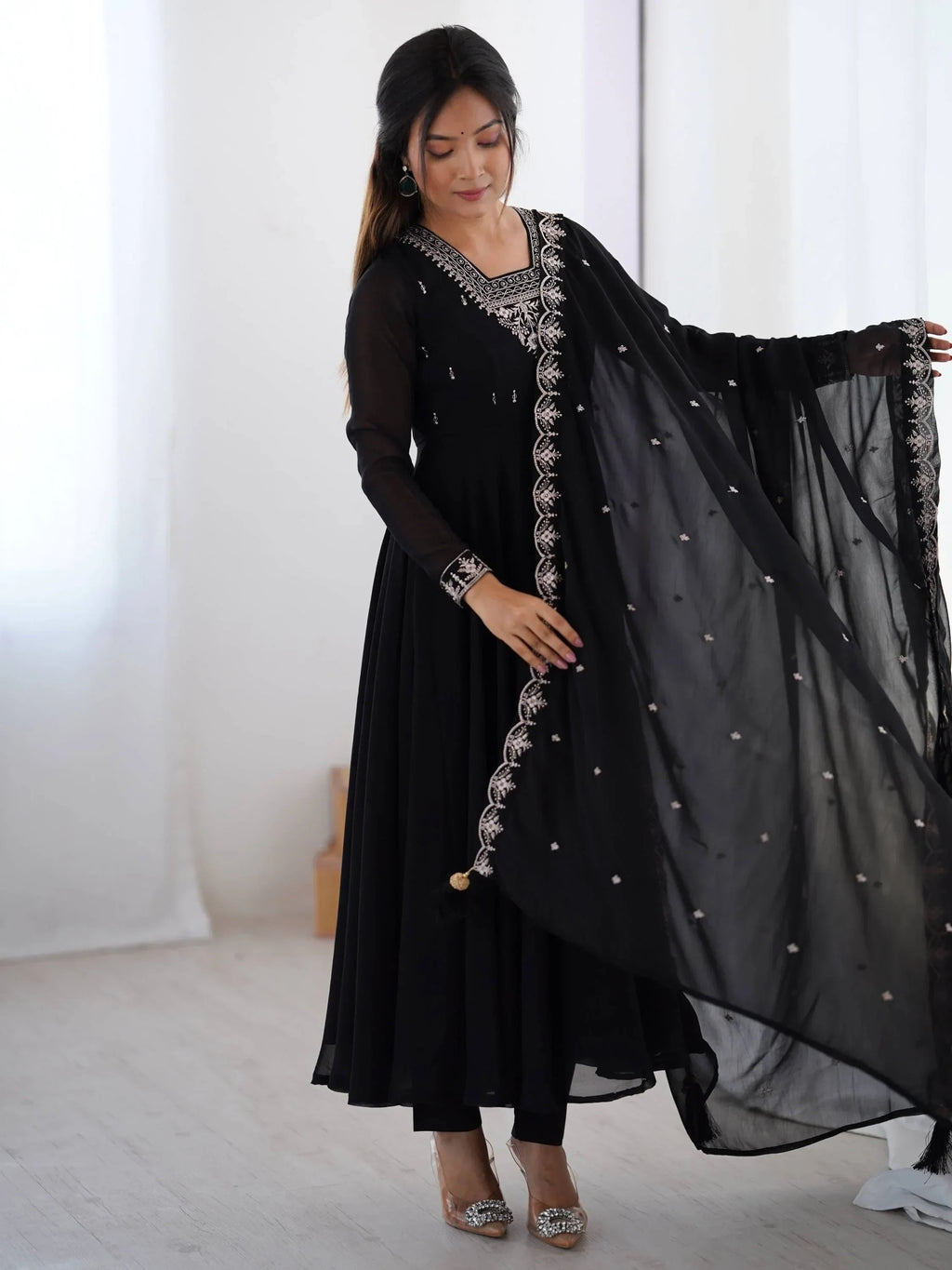 Black Fabulous Embroidered Georgette Anarkali Suit With Dupatta