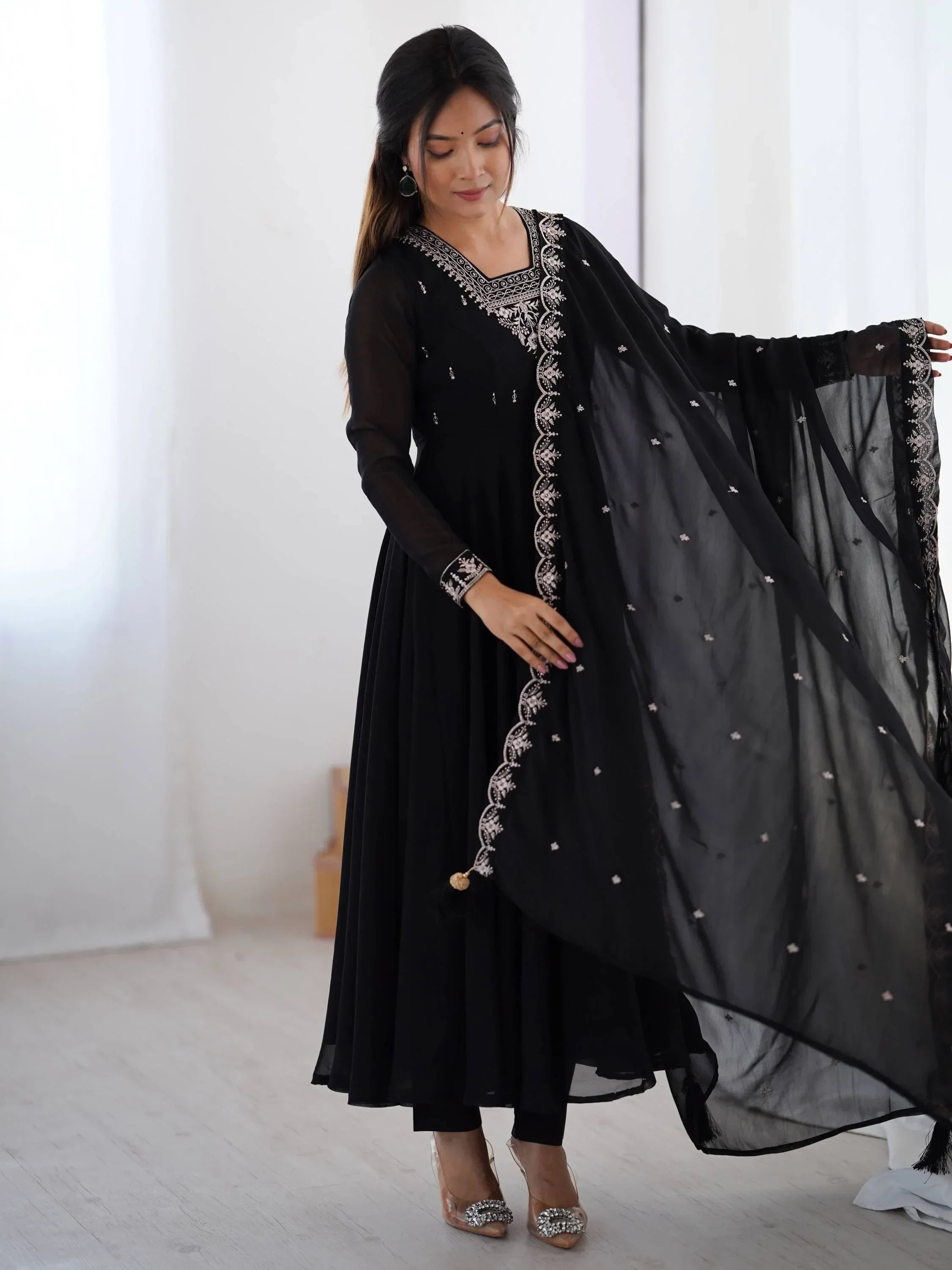 Black Fabulous Embroidered Georgette Anarkali Suit With Dupatta